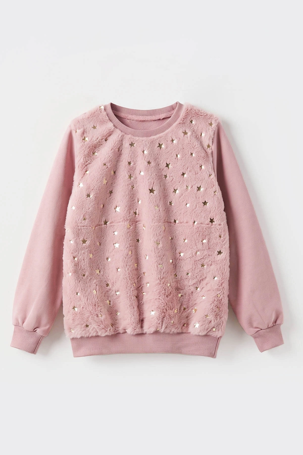Pudra (5-13 Yaş) Önü Yıldızlı  Peluşlu İçi Hafif   Şardonlu Kız Çocuk Sweatshirt 489285