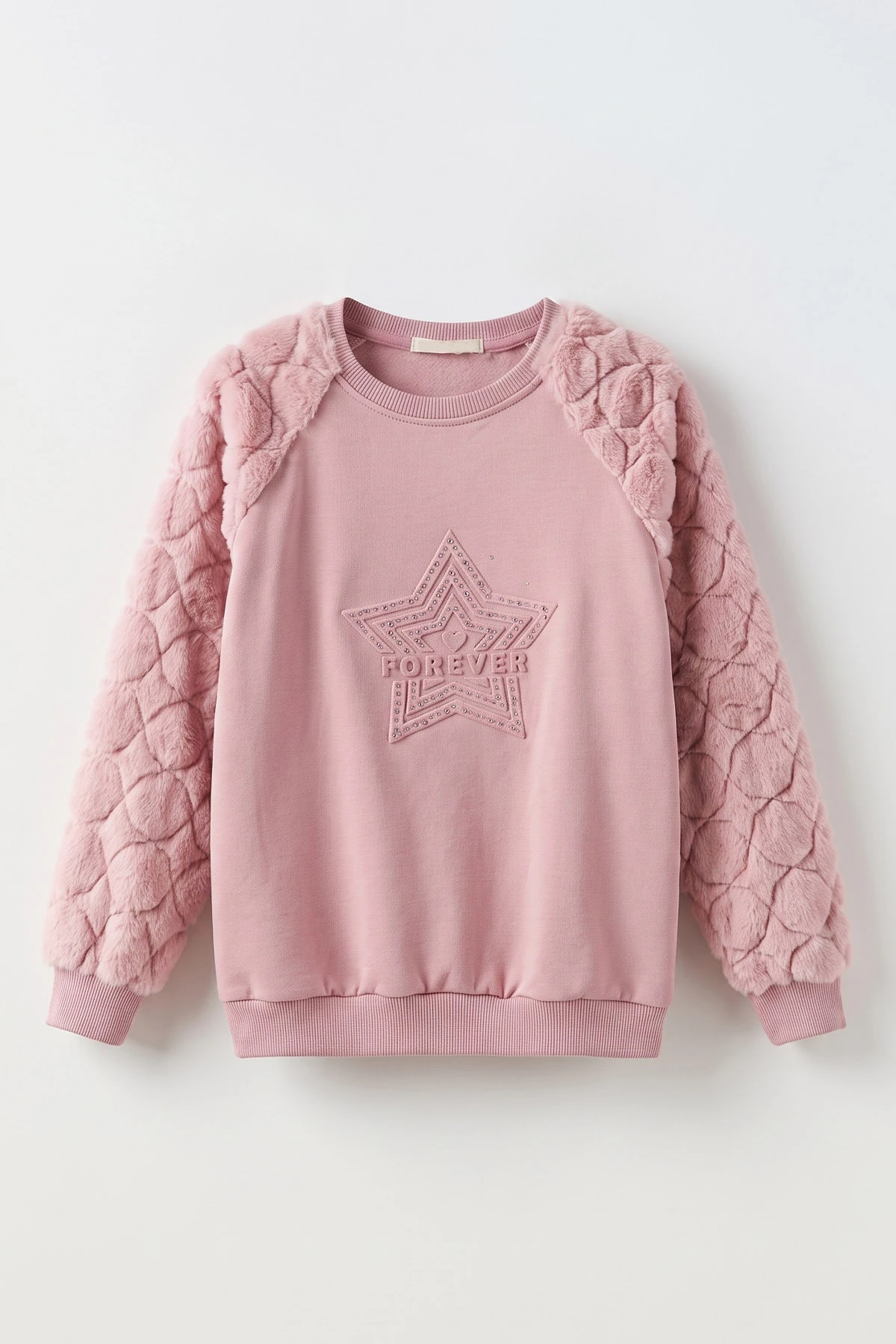 Pudra (5-13 Yaş) Yıldız Baskılı Kolları Peluşlu İçi Hafif Pamuklu Kız Çocuk Sweatshirt 489289