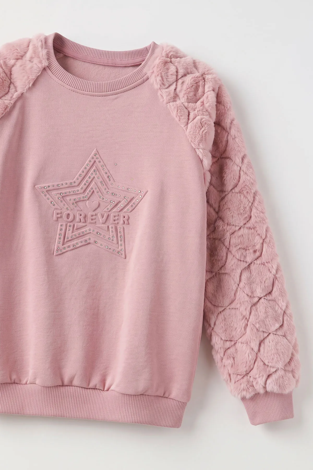Pudra (5-13 Yaş) Yıldız Baskılı Kolları Peluşlu İçi  Hafif Pamuklu Kız Çocuk Sweatshirt 489289