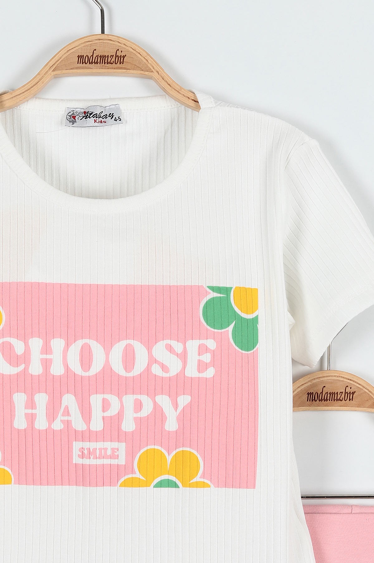 Pudra (5-8 Yaş) Choose Happy Baskılı Şortlu Fitilli Kız Çocuk Takım 184831