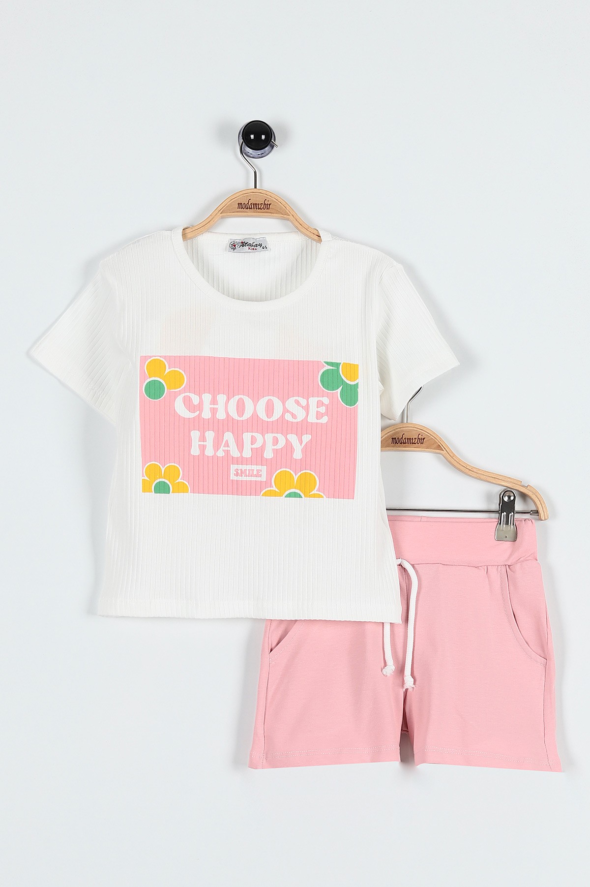 Pudra (5-8 Yaş) Choose Happy Baskılı Şortlu Fitilli Kız Çocuk Takım 184831