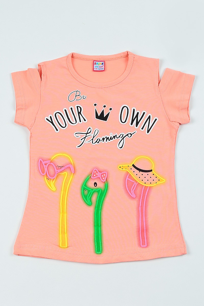 Pudra (5-8 yaş) Flamingo Baskılı Kız Çocuk Tşört 105047