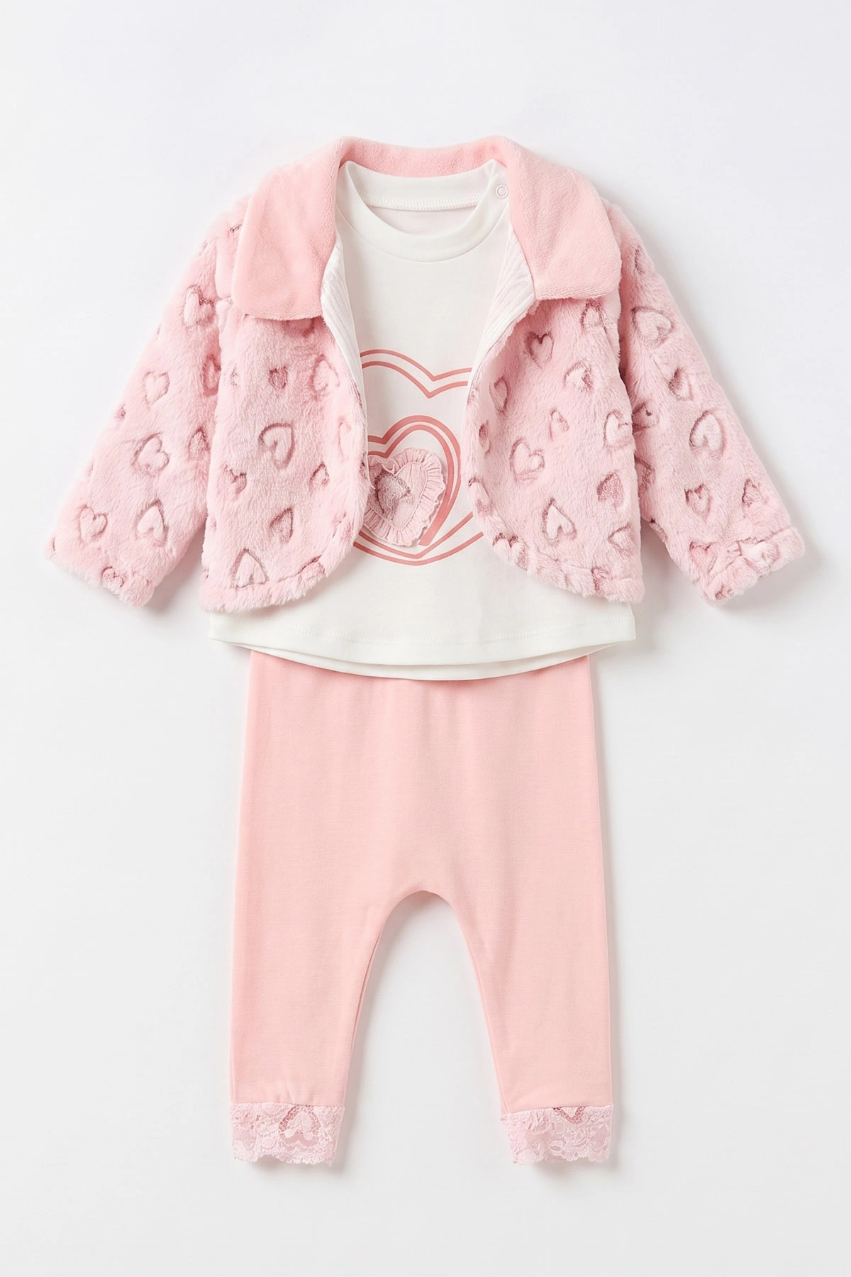 Pudra (6-12 Ay) Pelüş Ceketli Pantolon Sweatshirt 3'lü Kız Bebek Takım 495563