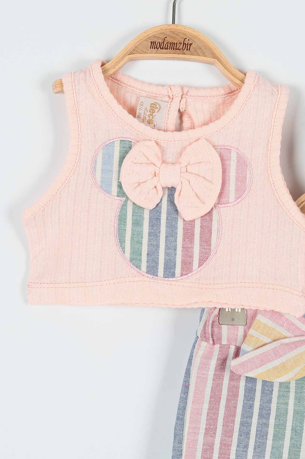 Pudra (6-18 Ay) Fiyonklu Fare Nakışlı Çizgi Detaylı Şortlu Kız Bebe Takım 178047