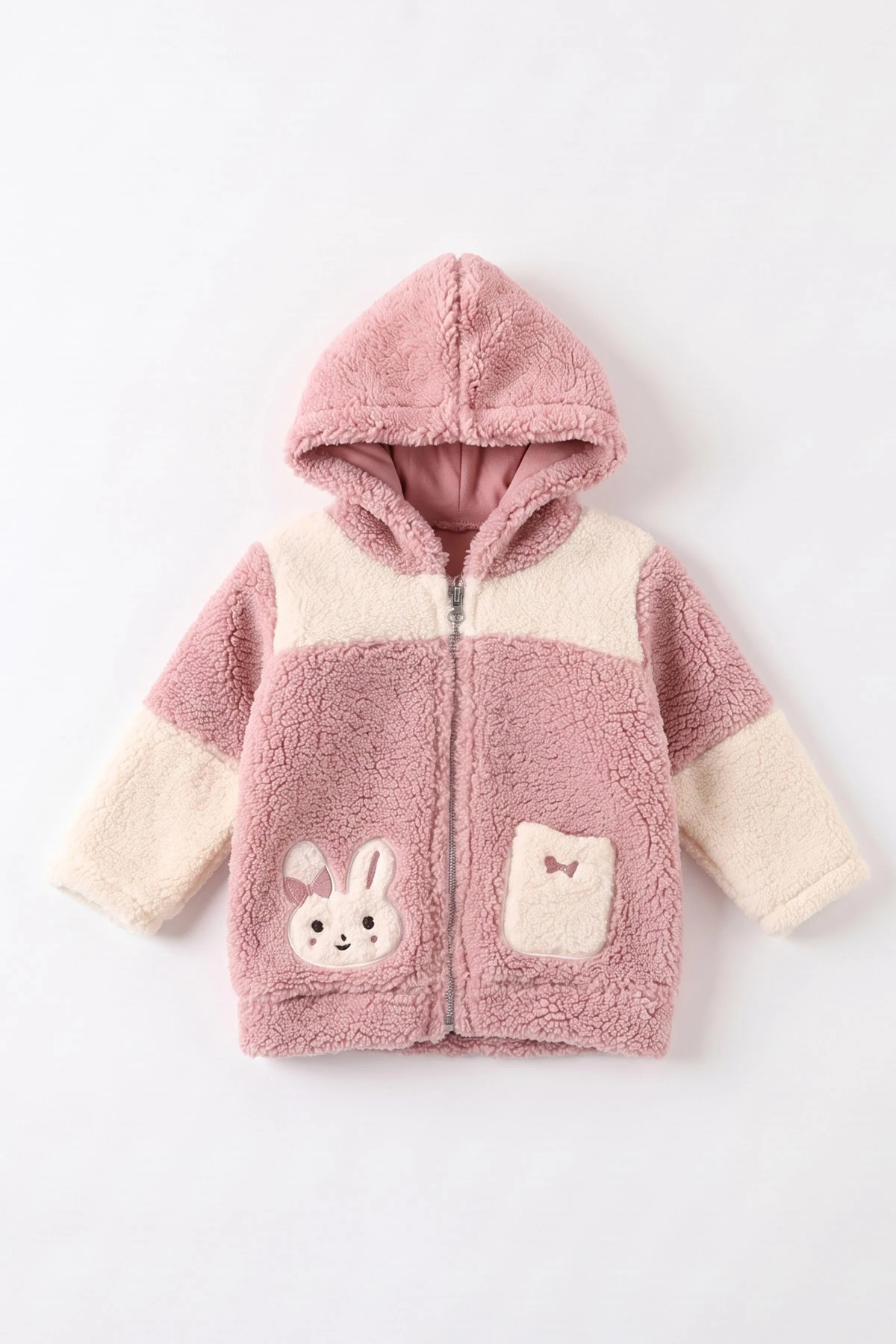 Pudra (6-18 Ay) Tavşan Nakışlı Kapüşonlu Peluş Kız Bebek Hırka 495890
