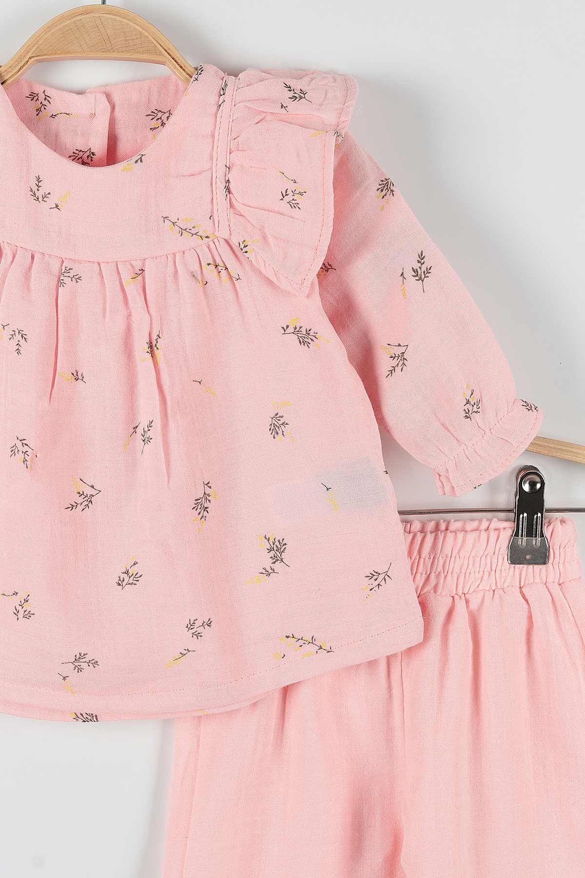 Pudra (6-24 Ay) Çiçek Baskılı Omuz Fırfırlı Paça Lastikli Kız Bebe Takım 170783