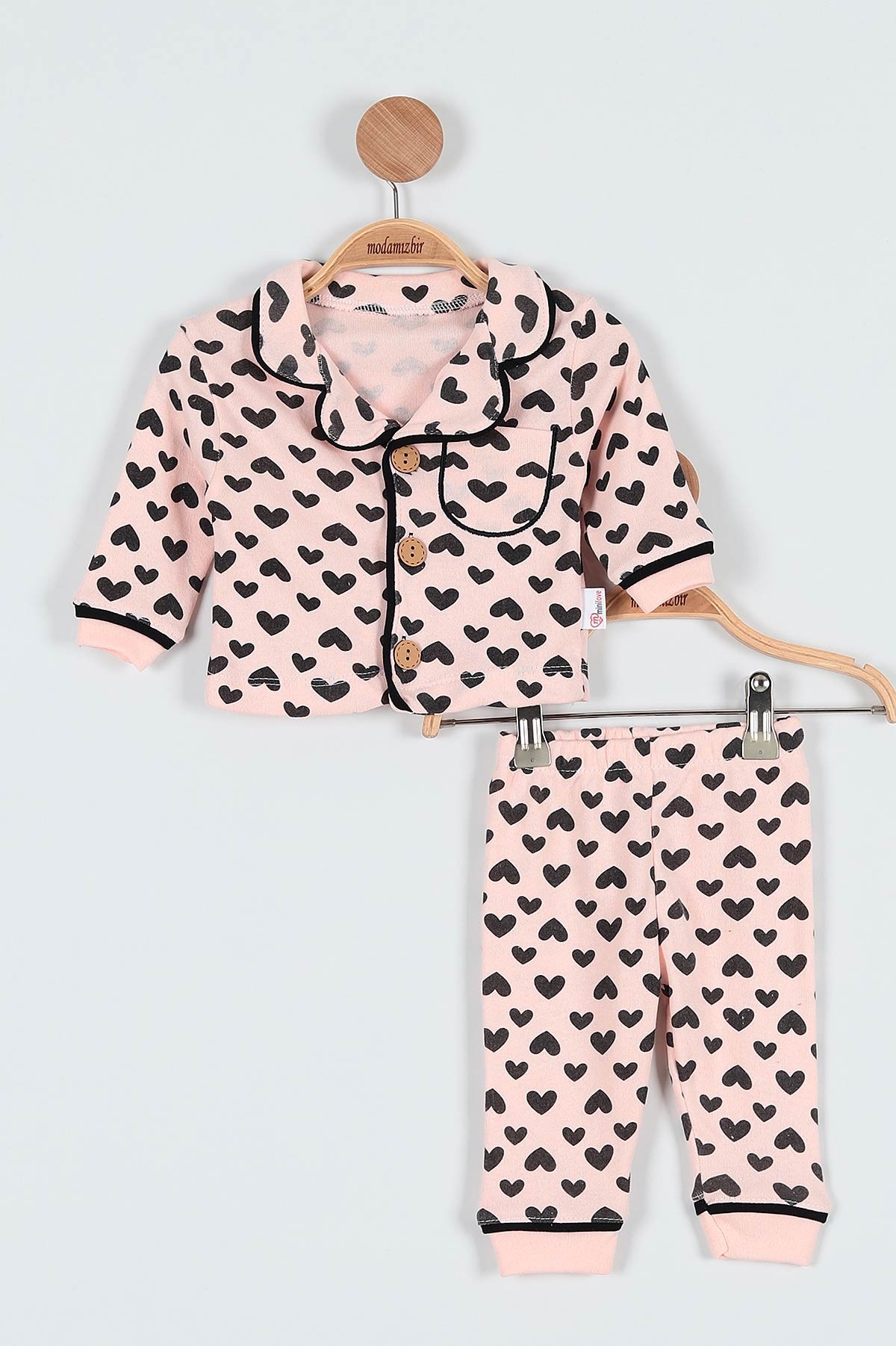 Pudra (6-24 Ay ) Kalp Baskılı Düğme Detaylı Kız Bebe Pijama Takım 186455