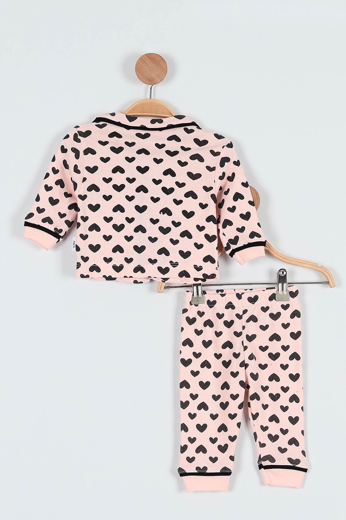 Pudra (6-24 Ay ) Kalp Baskılı Düğme Detaylı Kız Bebe Pijama Takım 186455
