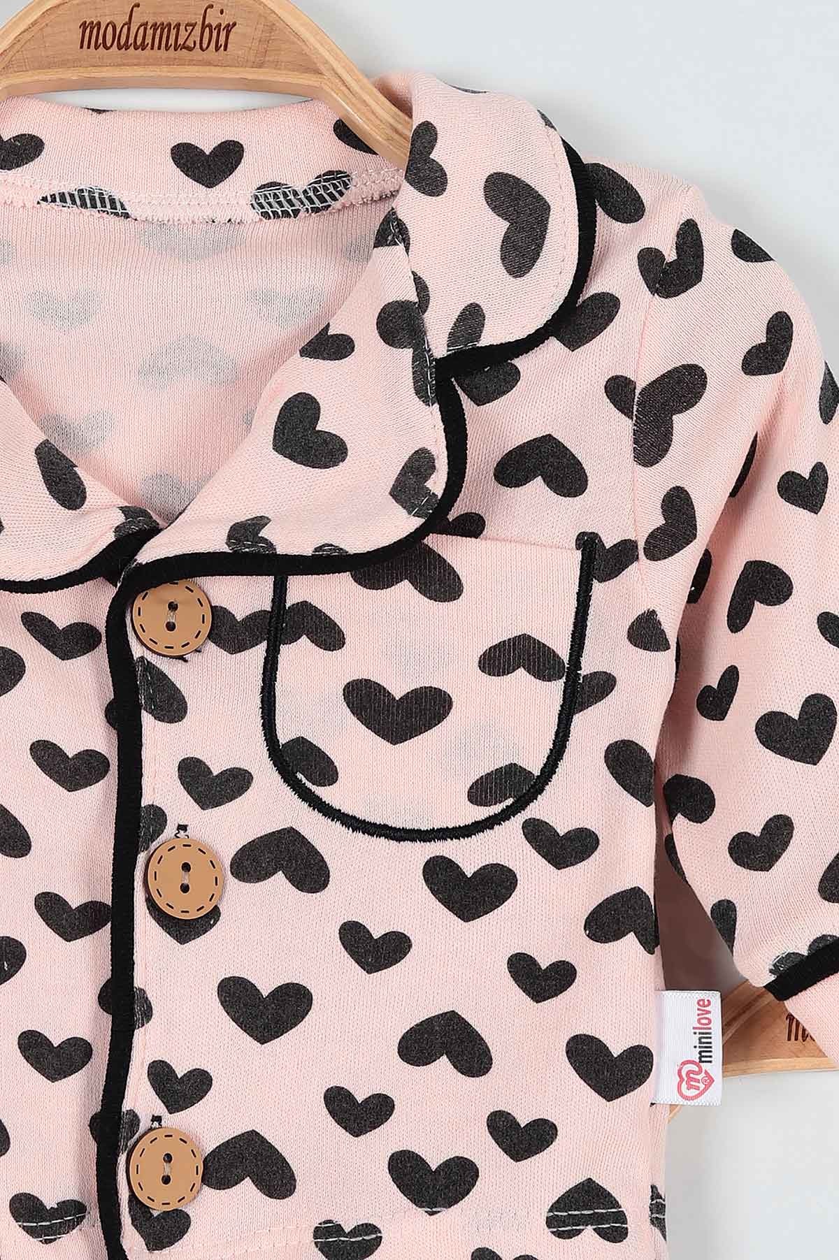 Pudra (6-24 Ay ) Kalp Baskılı Düğme Detaylı Kız Bebe Pijama Takım 186455