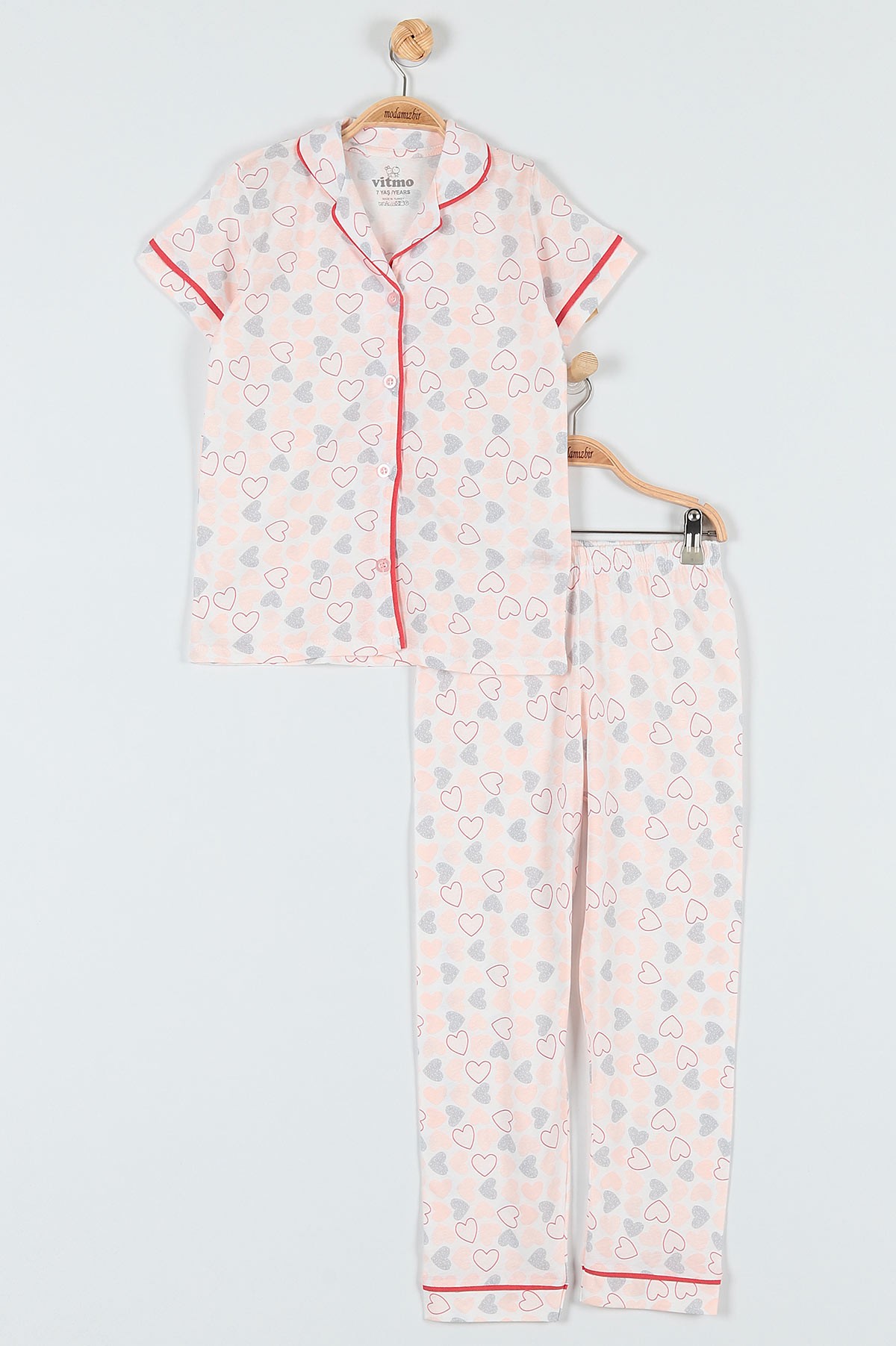 Pudra (7-9 Yaş) Kalp Baskılı KIz Çocuk Pijama Takımı 182027
