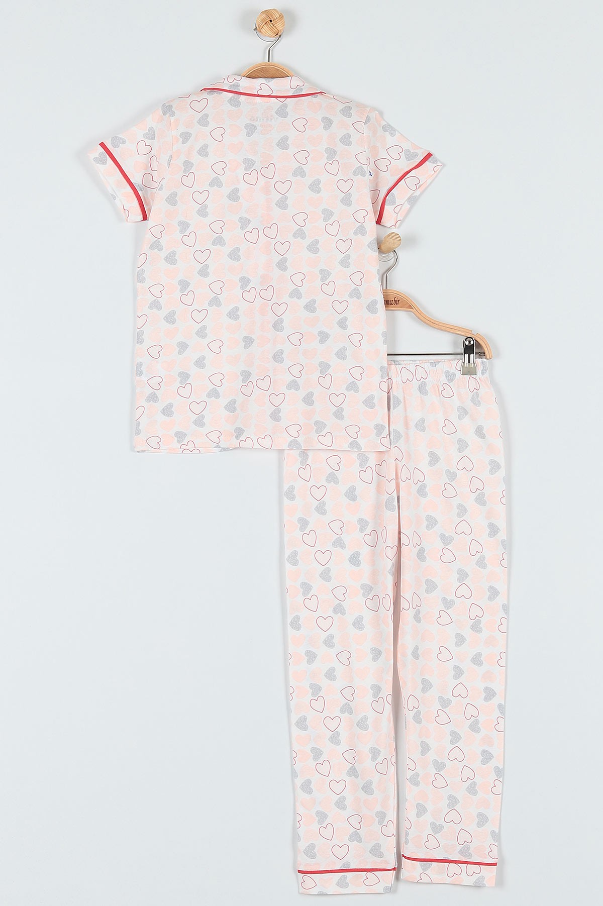 Pudra (7-9 Yaş) Kalp Baskılı KIz Çocuk Pijama Takımı 182027