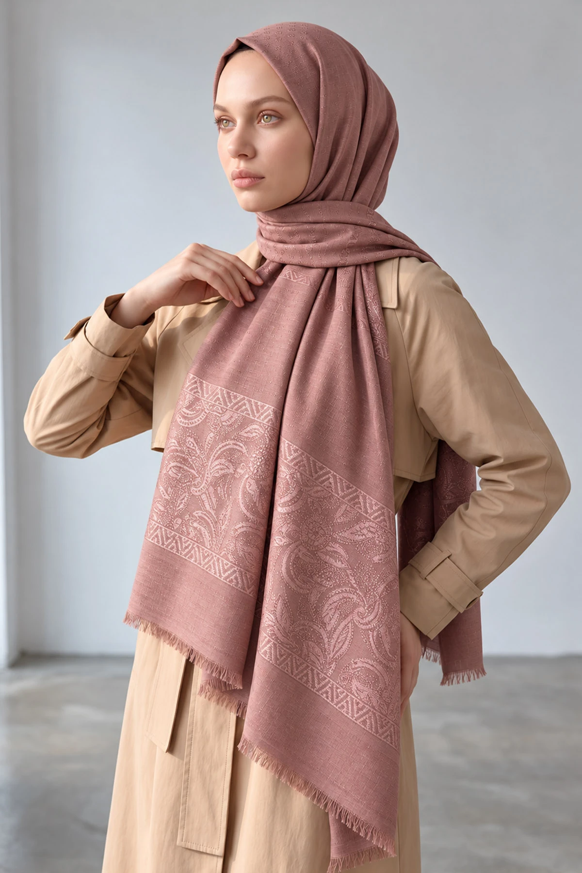 Pudra 70x180 Cm Elara Premium Jakarlı Pamuk Şal 494277
