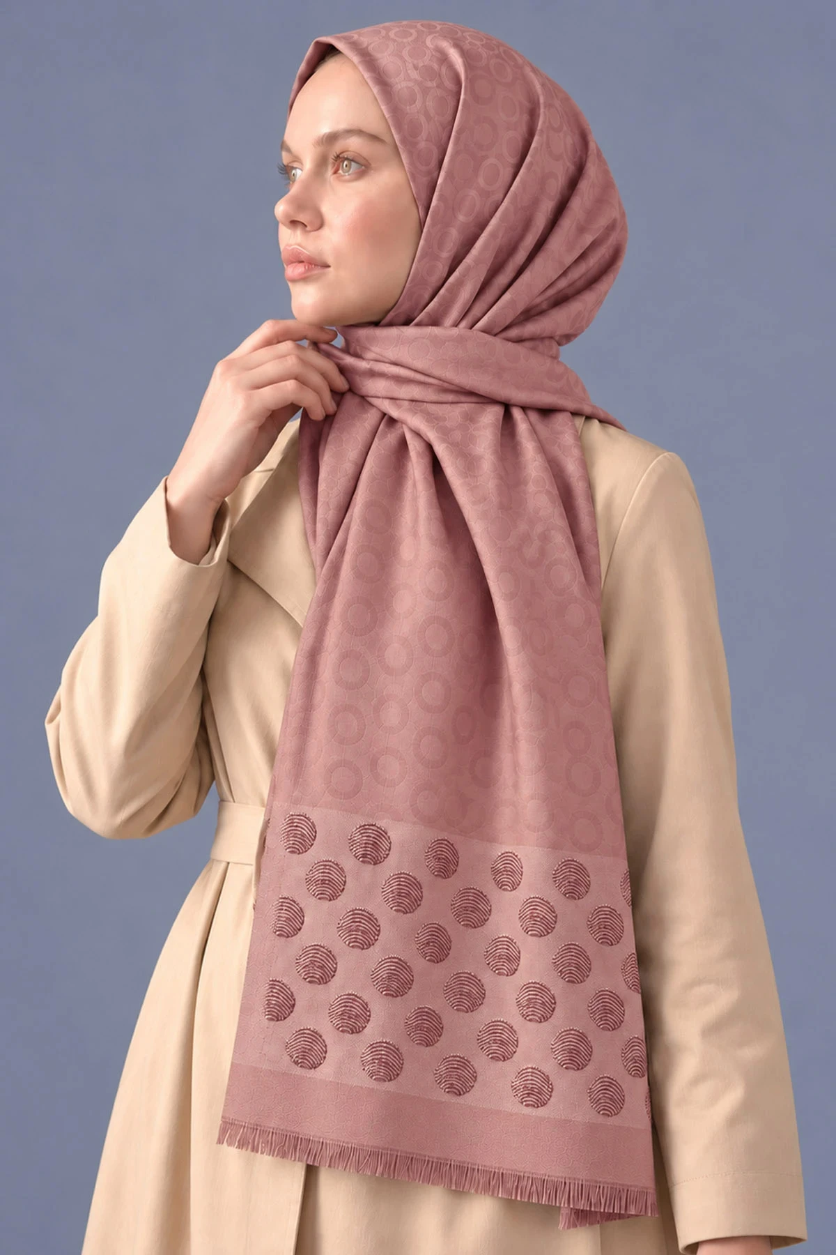 Pudra 70x180 Cm Luna Premium Jakarlı Pamuk Şal 494098