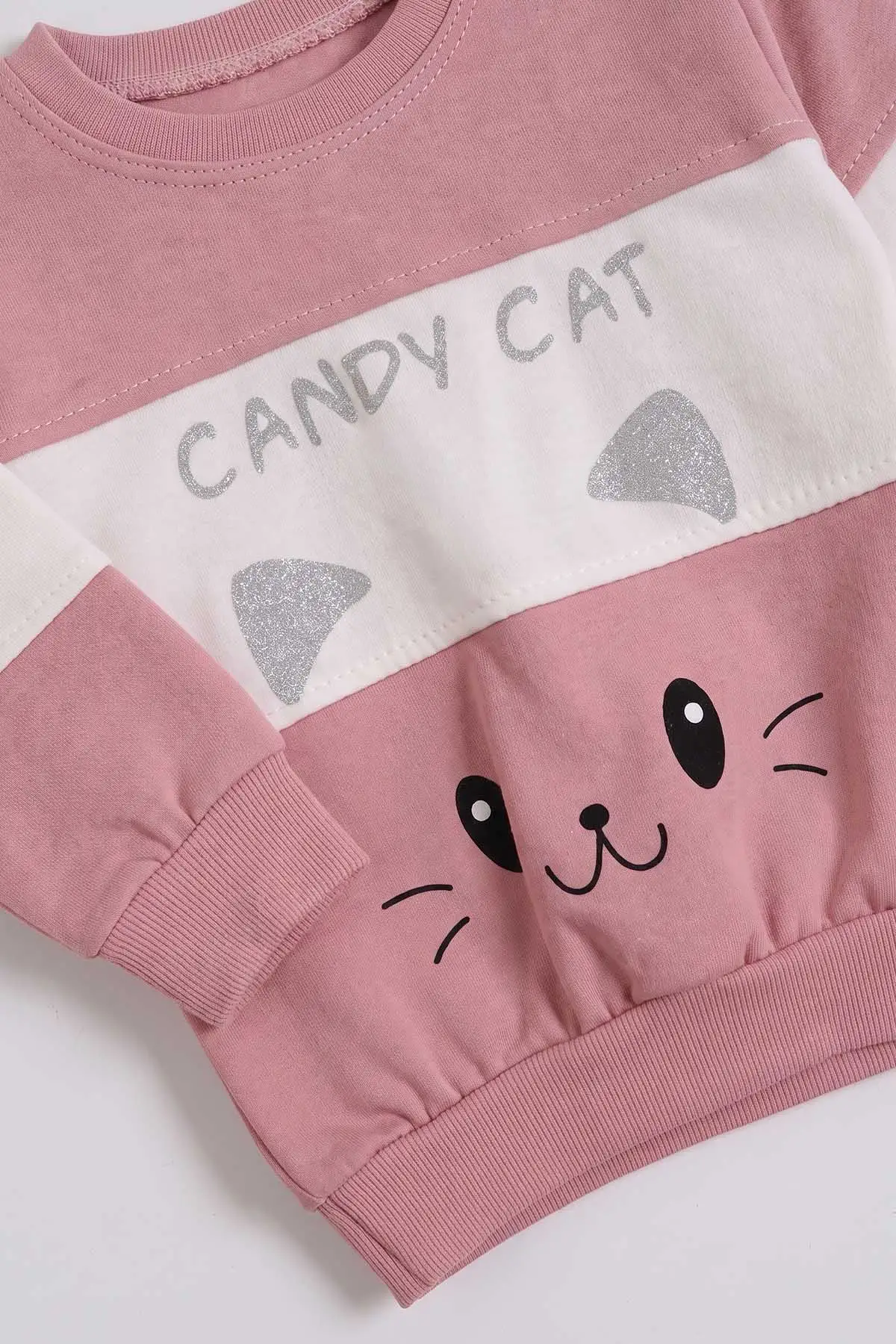 Pudra (9-24  Ay)  Kedi Baskılı   Lastikli Paça Penye  Kız Bebek Takım 480175