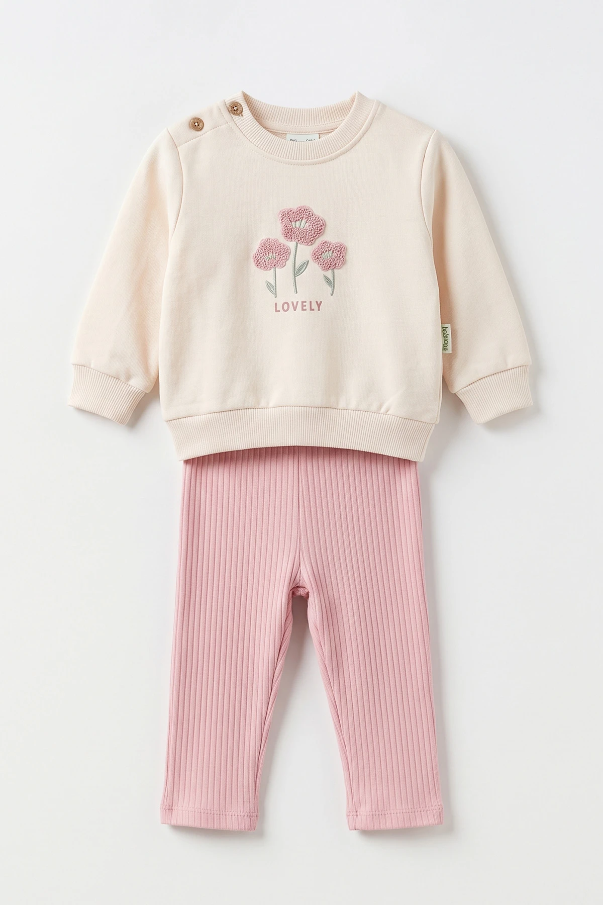 Pudra (9-24 Ay) Süzene Nakışlı Swetshirt İnterlok Alt Kız Bebek Takım 495699
