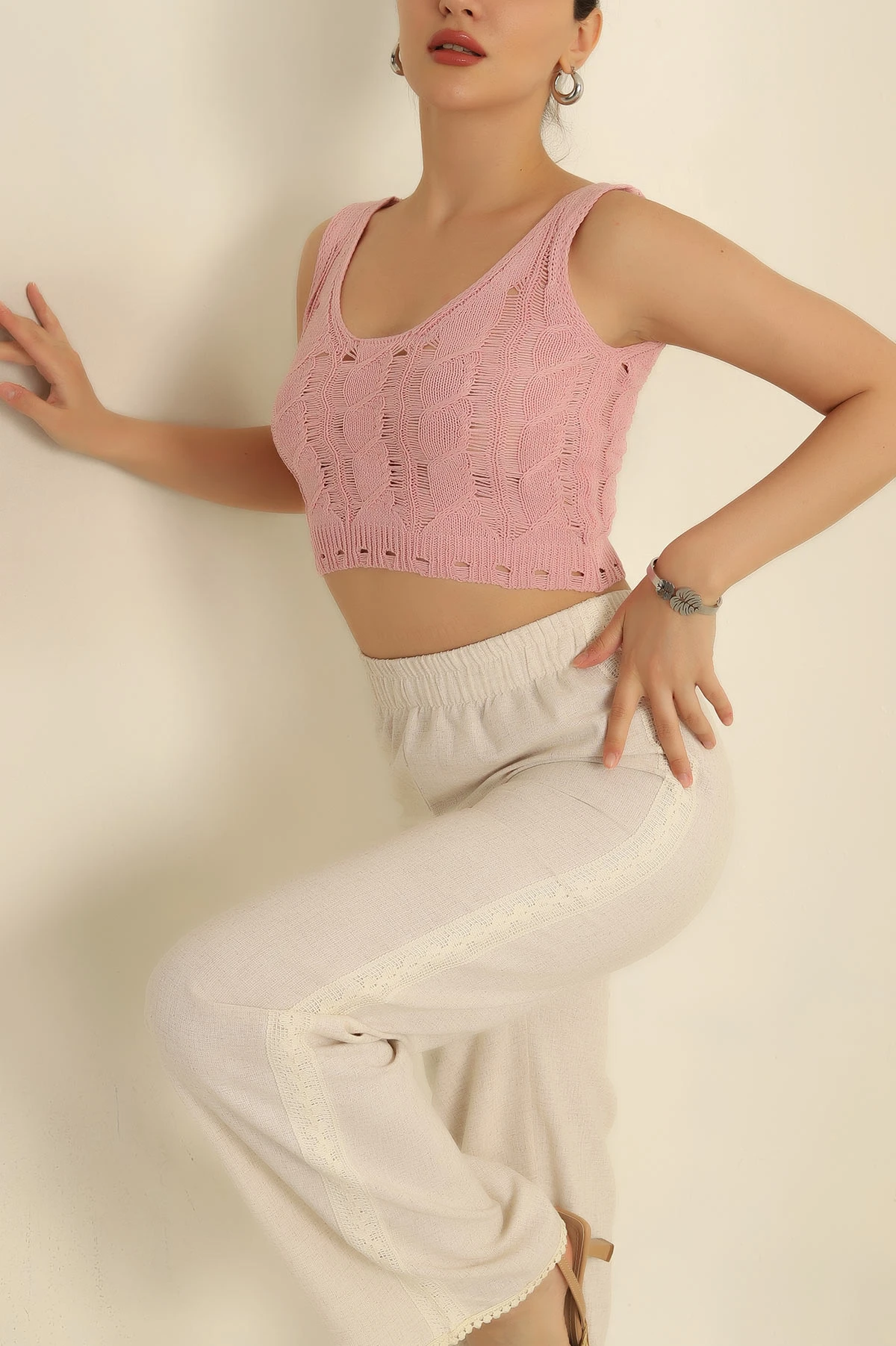Pudra Ajurlu Crop Triko Bluz 271044
