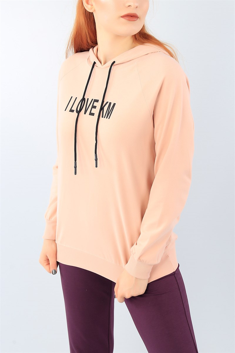 Pudra Baskılı Kapüşonlu Bayan Sweat 39230
