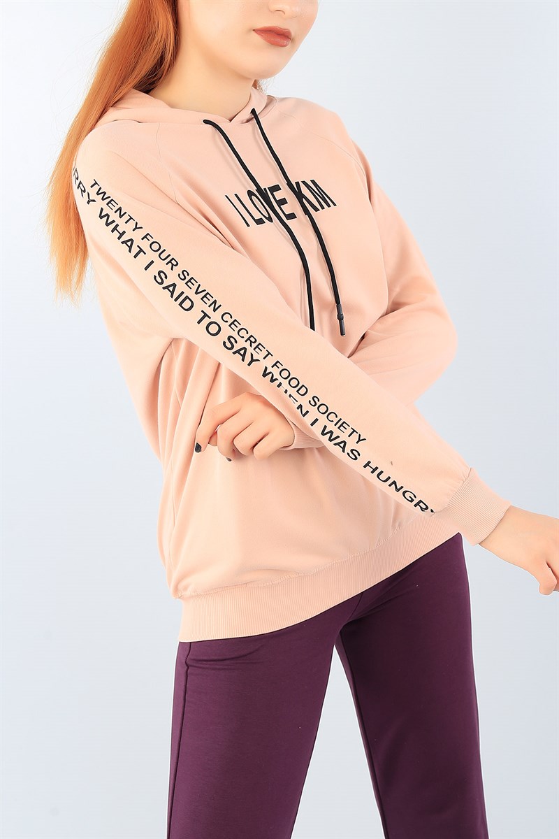 Pudra Baskılı Kapüşonlu Bayan Sweat 39230