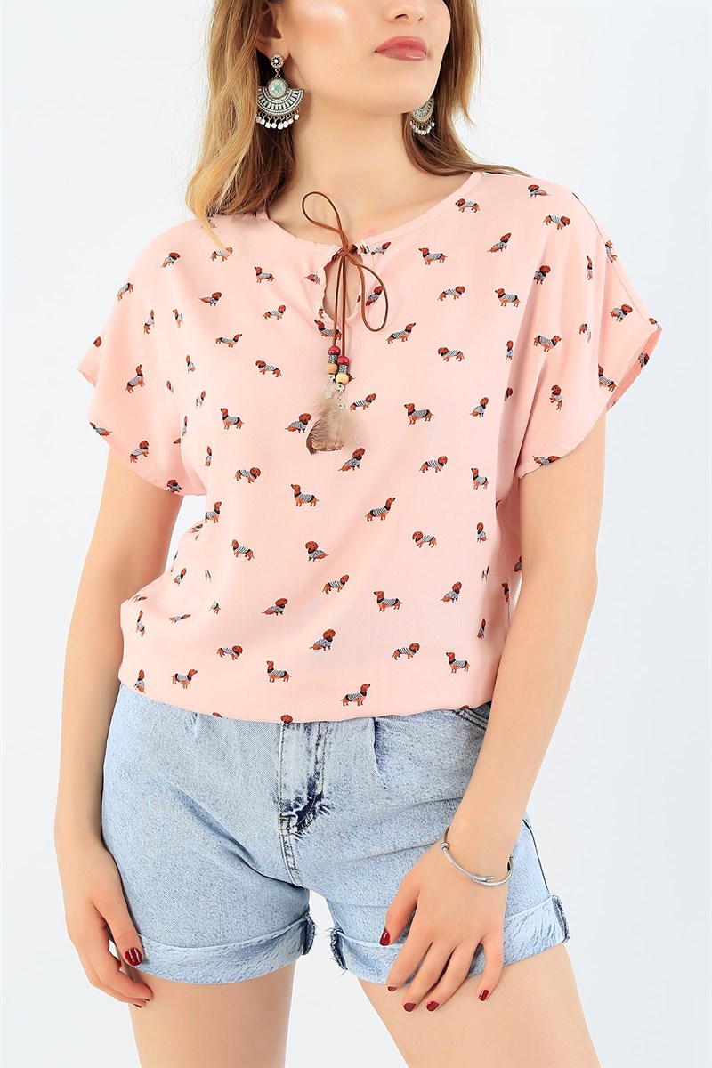 Pudra Beli Lastikli Dokuma Bluz 35622