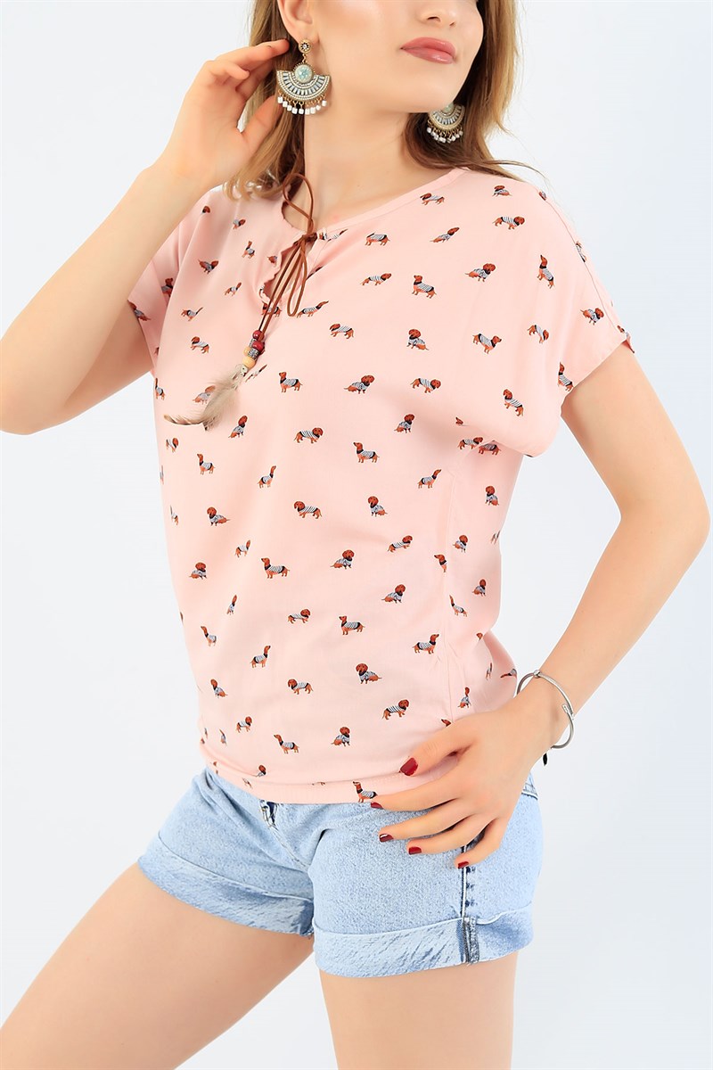 Pudra Beli Lastikli Dokuma Bluz 35622