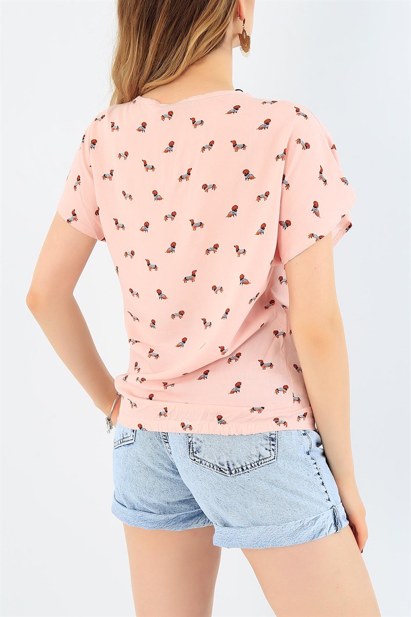 Pudra Beli Lastikli Dokuma Bluz 35622