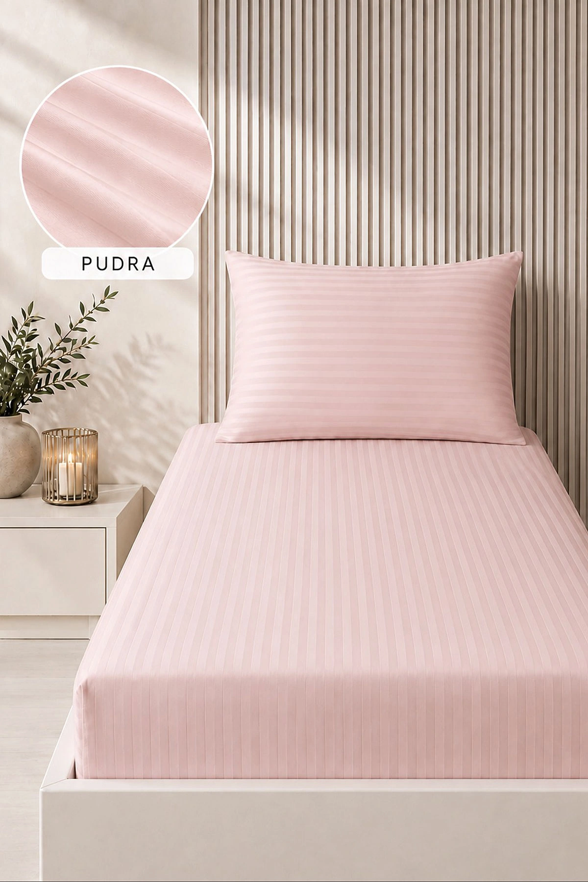 Pudra Bella Home 100x200 Cm Tek Kişilik Çizgili Saten Çarşaf Seti 482992