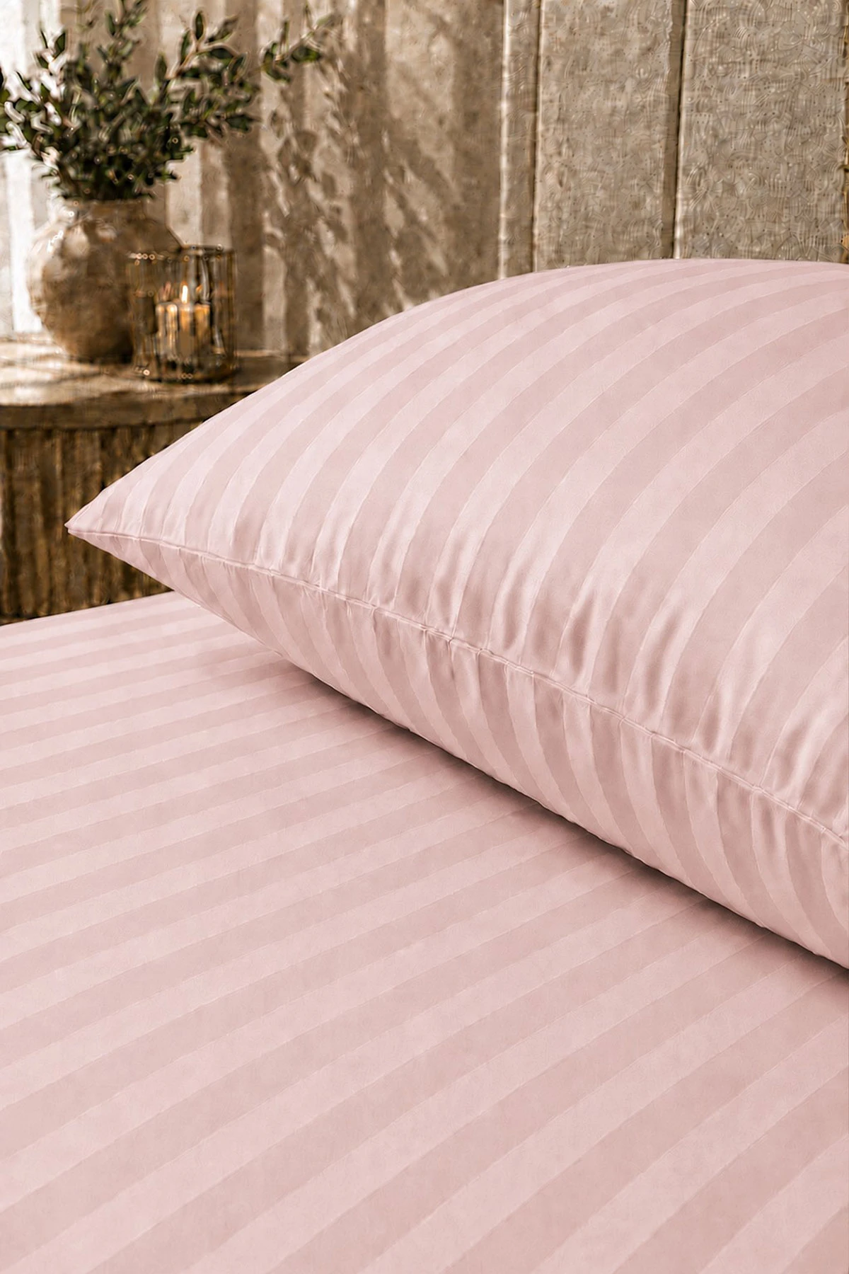 Pudra Bella Home 100x200 Cm Tek Kişilik Çizgili Saten Çarşaf Seti 482992