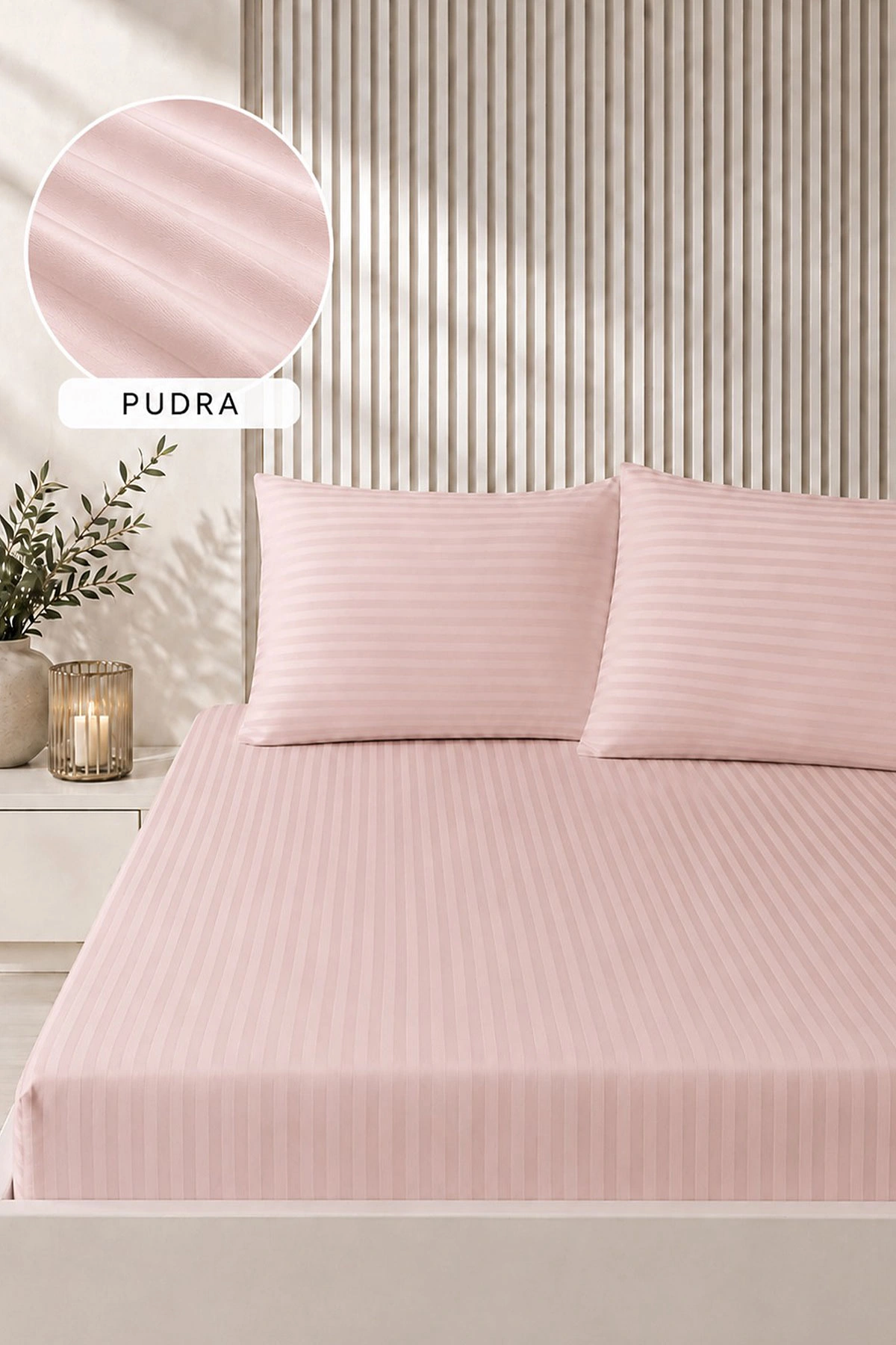 Pudra Bella Home 160x200 Cm Çift Kişilik Çizgili Saten Çarşaf Seti 483022