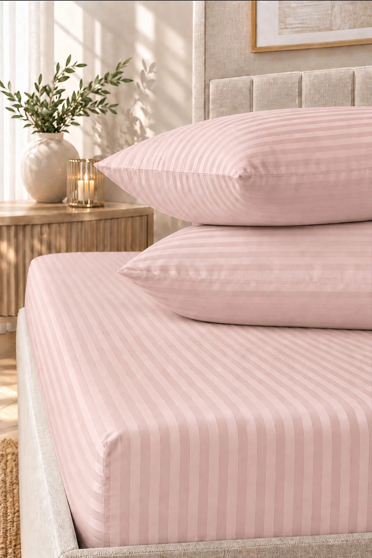 Pudra Bella Home 160x200 Cm Çift Kişilik Çizgili Saten Çarşaf Seti 483022