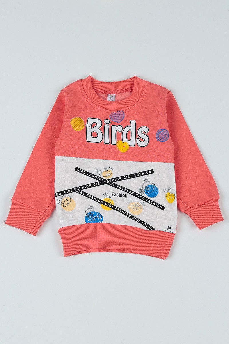 Pudra Birds Baskılı İçi Şardonlu Kız Çocuk Sweatshirt 80606