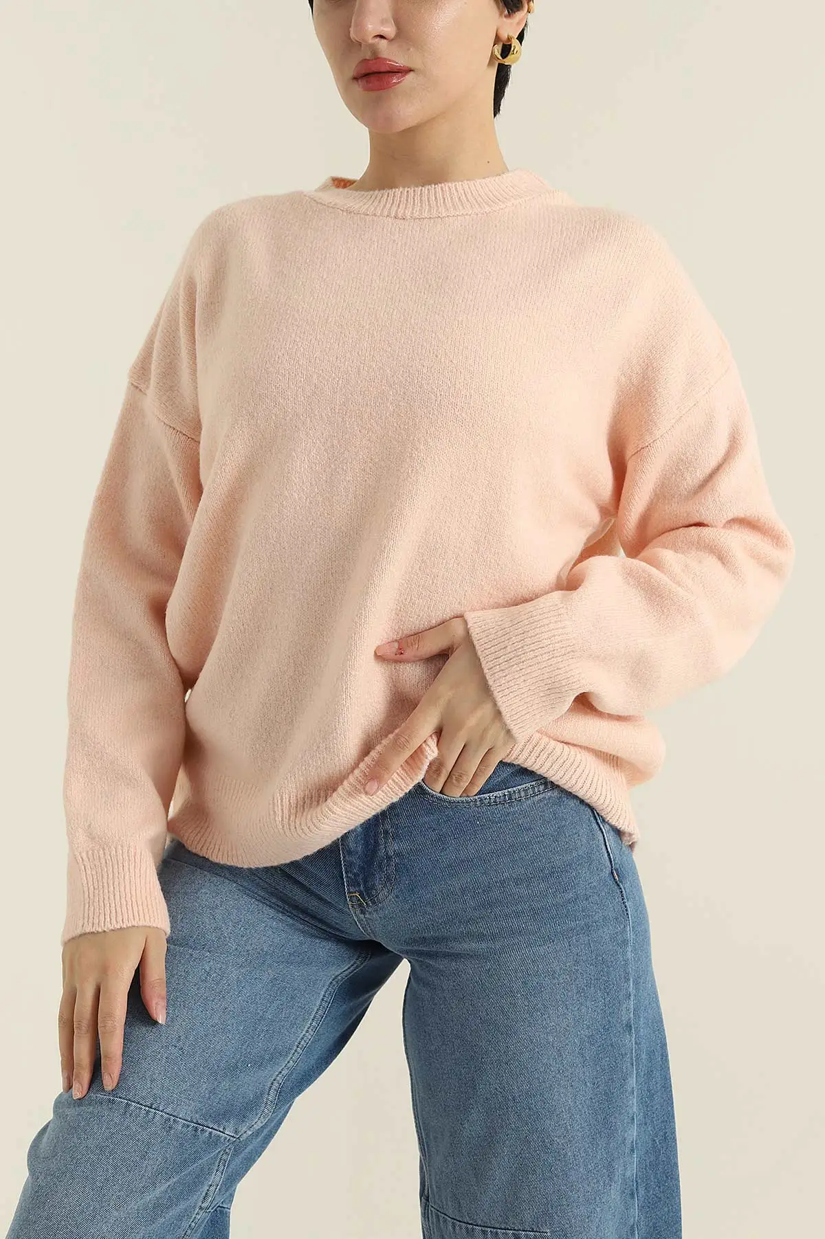 Pudra Bisiklet Yaka Oversize Kadın Triko Kazak 421237