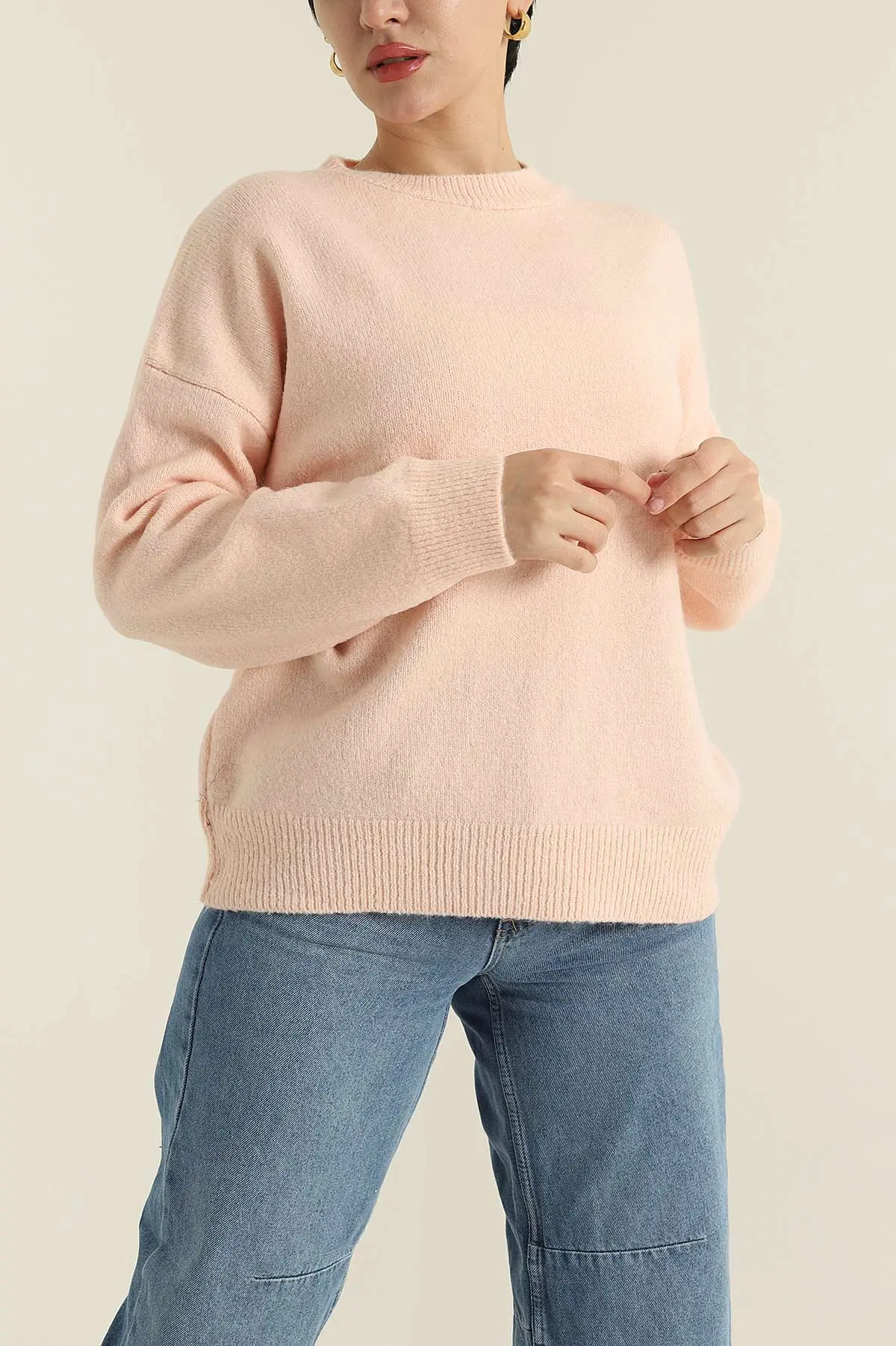 Pudra Bisiklet Yaka Oversize Kadın Triko Kazak 421237