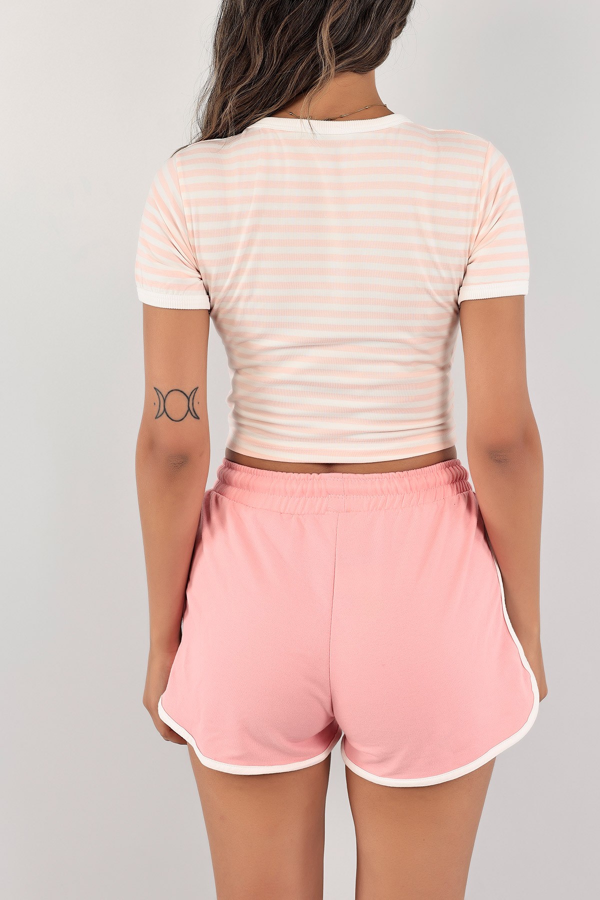 Pudra Çizgili Crop Tişört 123465