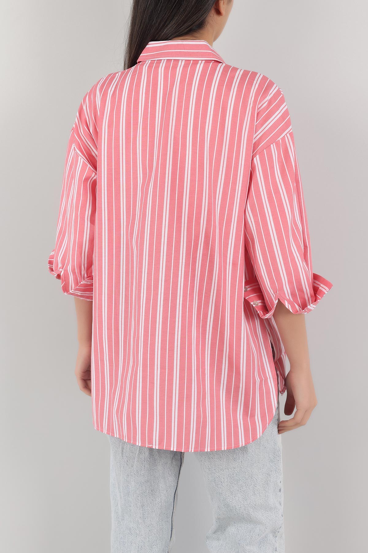 Pudra Çizgili Poplin Kumaş Bayan Gömlek 151464