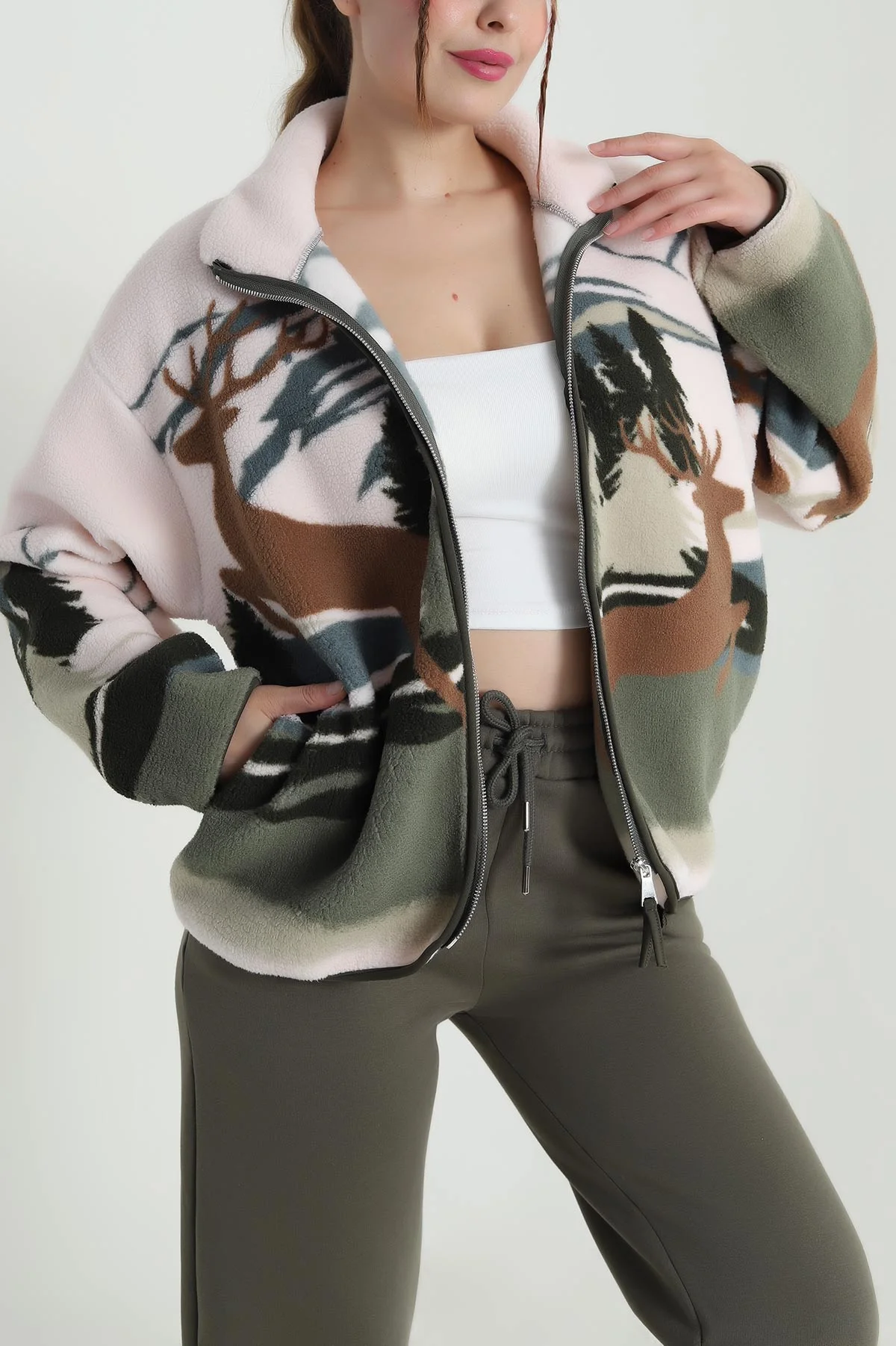 Pudra Desenli Uzun Kollu Teddy Kadın Sweat 482449