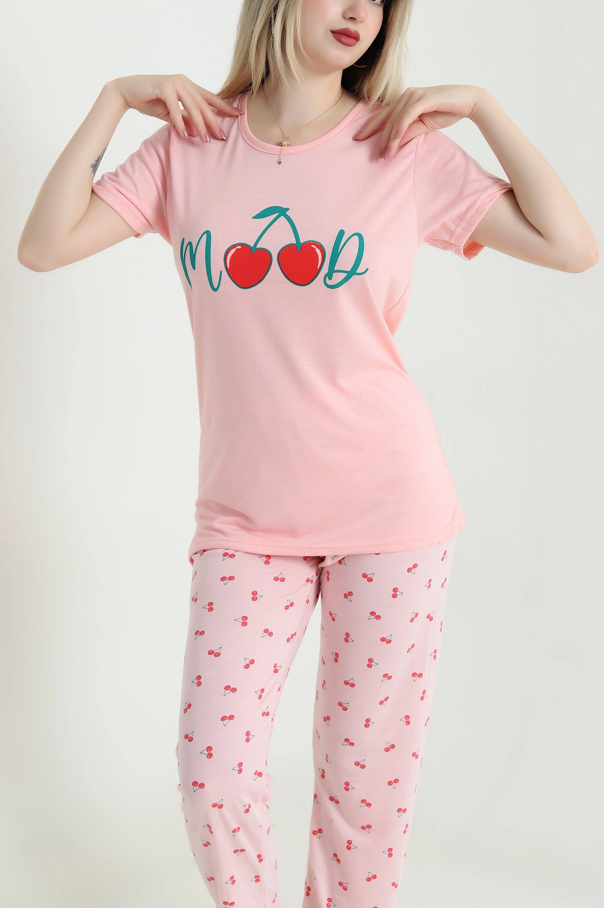 Pudra Desenli Viskon Kadın Pijama Takımı 466729