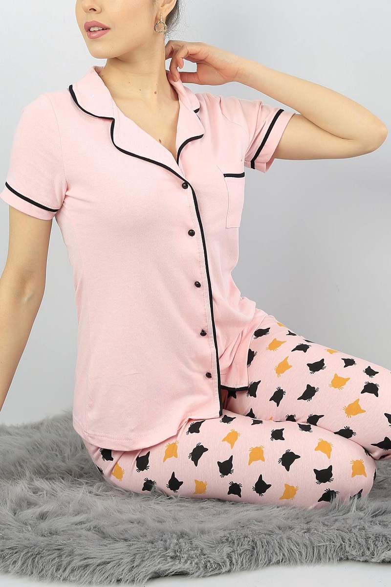 Pudra Düğmeli Baskılı Bayan Pijama Takımı 54950