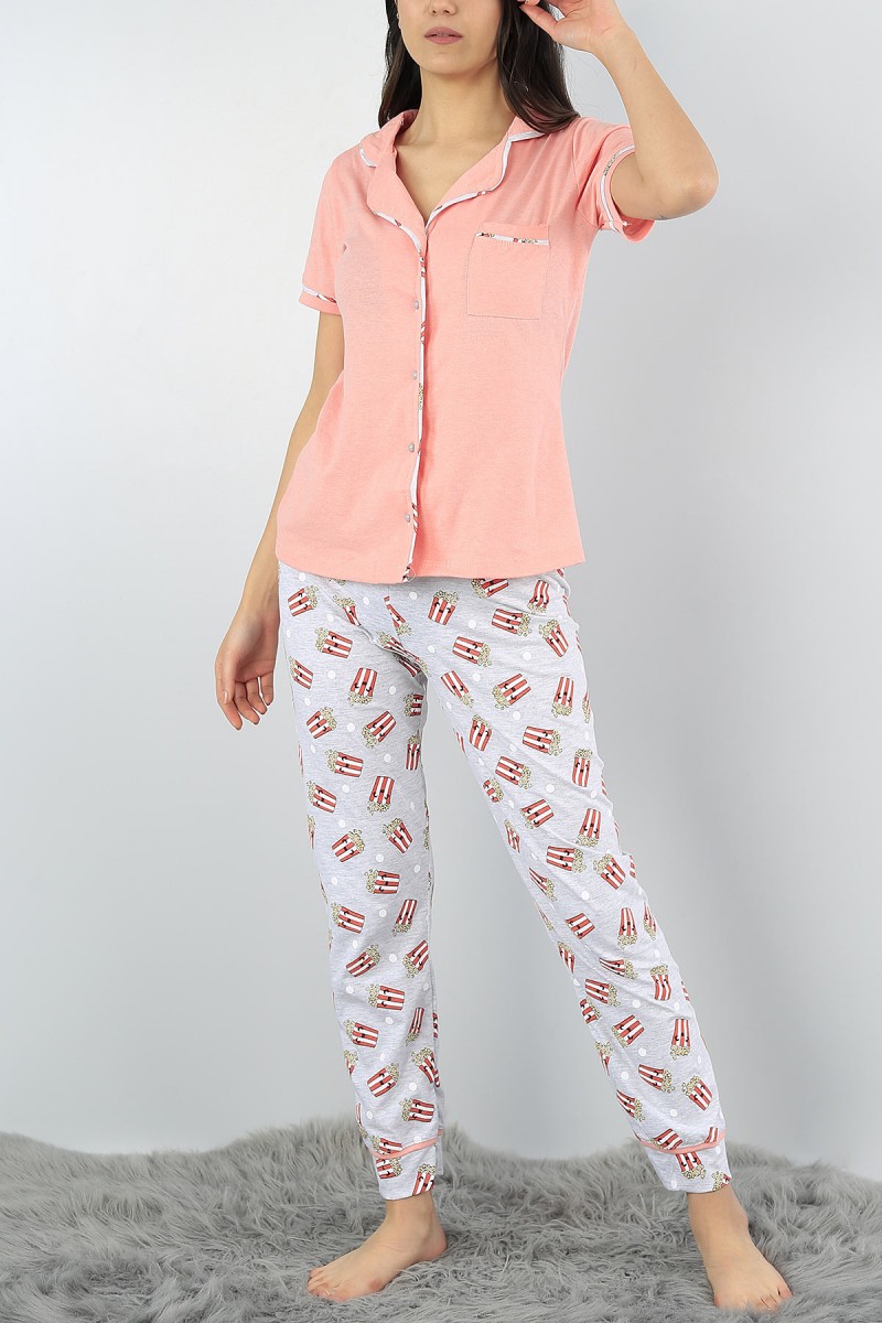 Pudra Düğmeli Baskılı Bayan Pijama Takımı 54997
