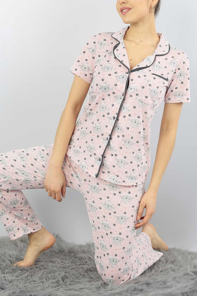 Pudra Düğmeli Bayan  Baskılı Pijama Takımı 54958