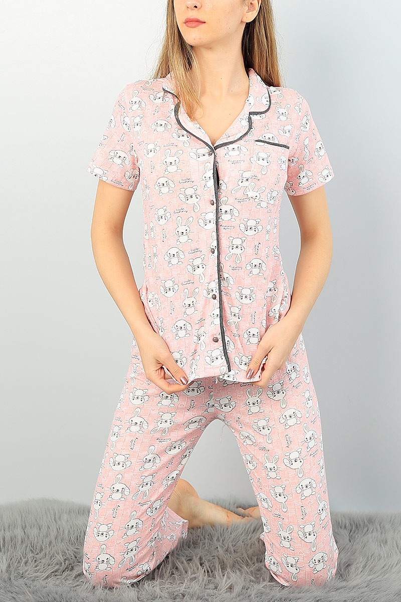 Pudra Düğmeli Bayan  Baskılı Pijama Takımı 62867