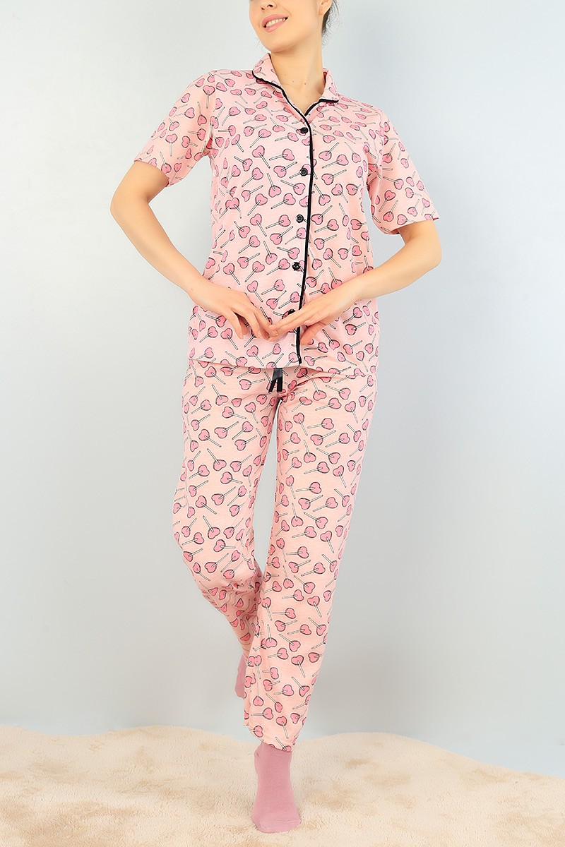 Pudra Düğmeli Bayan  Baskılı Pijama Takımı 64932