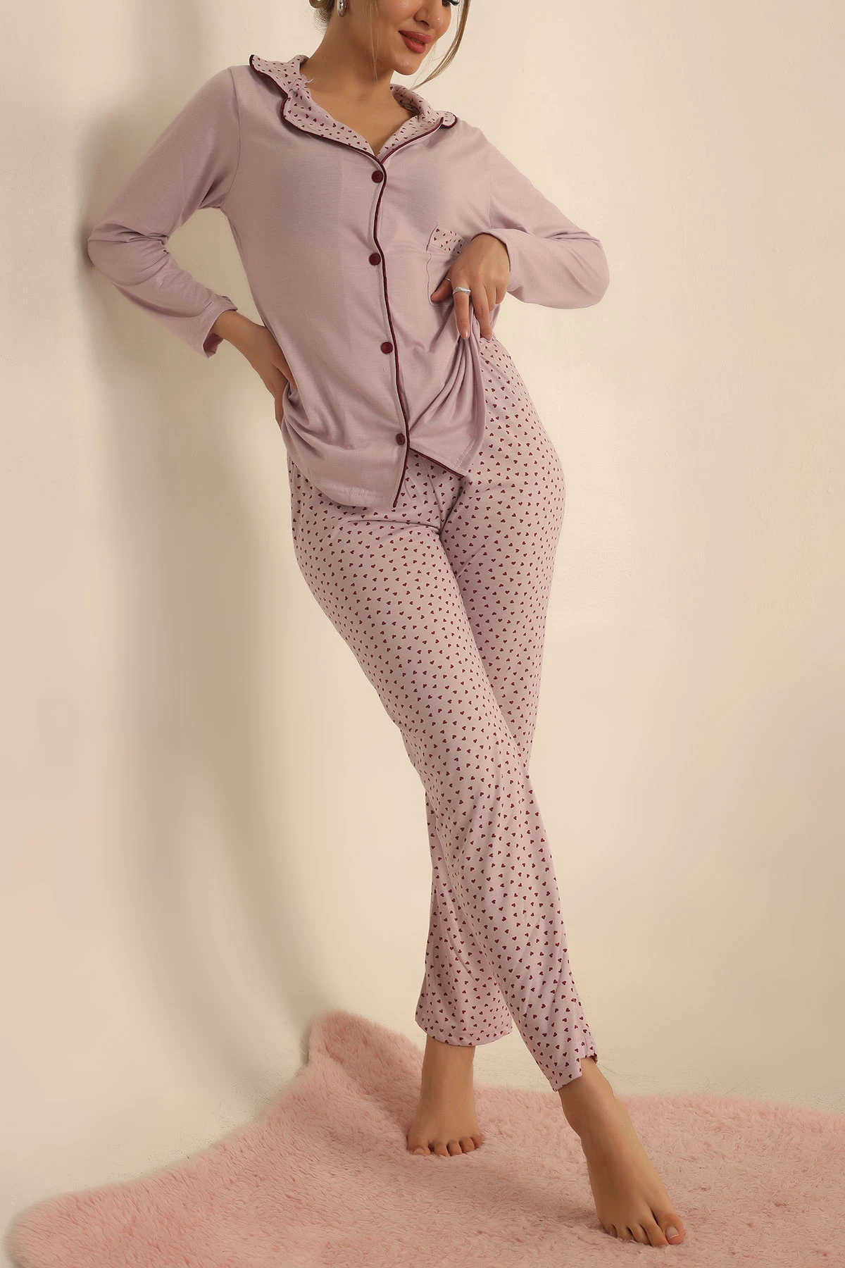 Pudra Düğmeli Bayan Pijama Takımı 233331