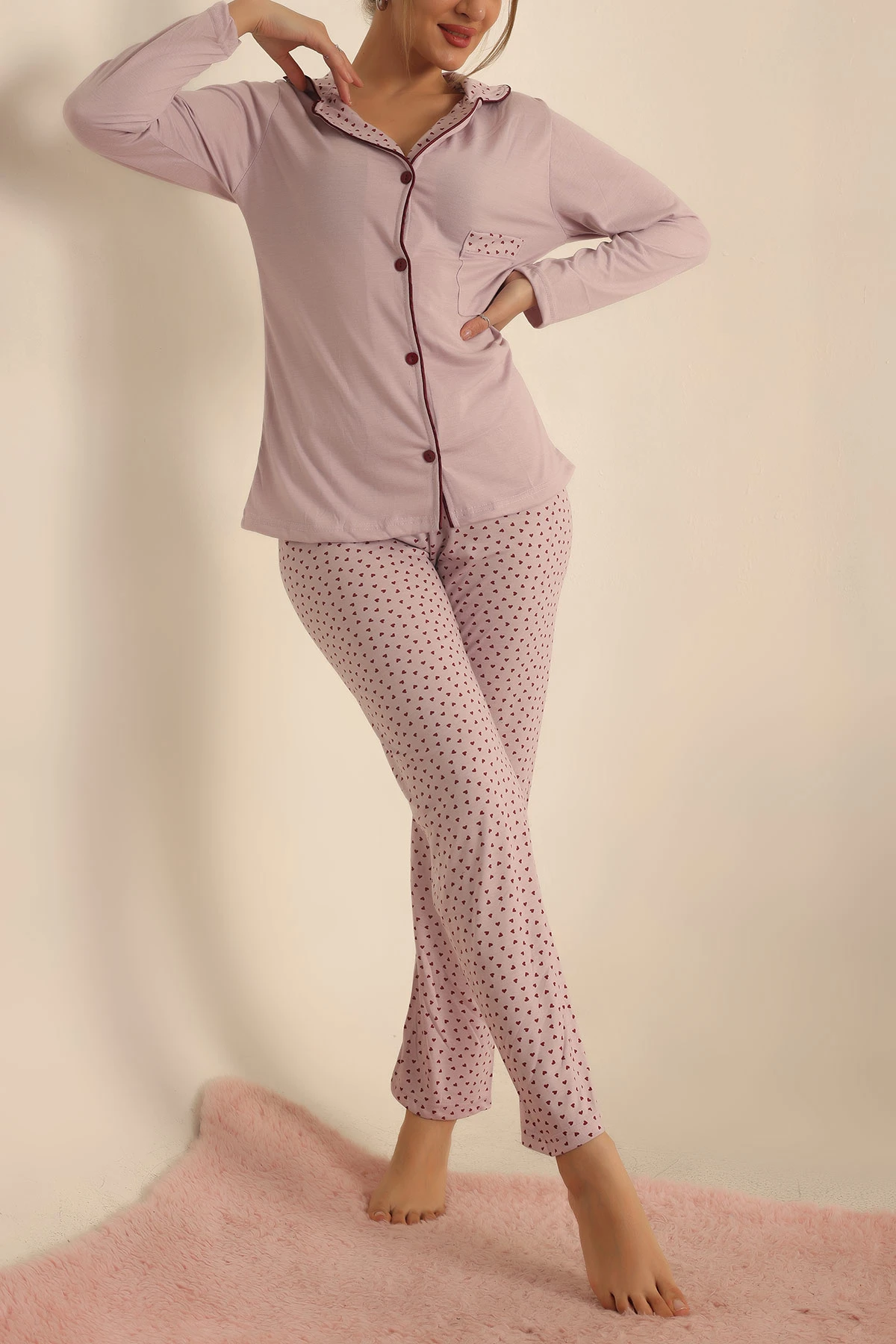 Pudra Düğmeli Bayan Pijama Takımı 233331
