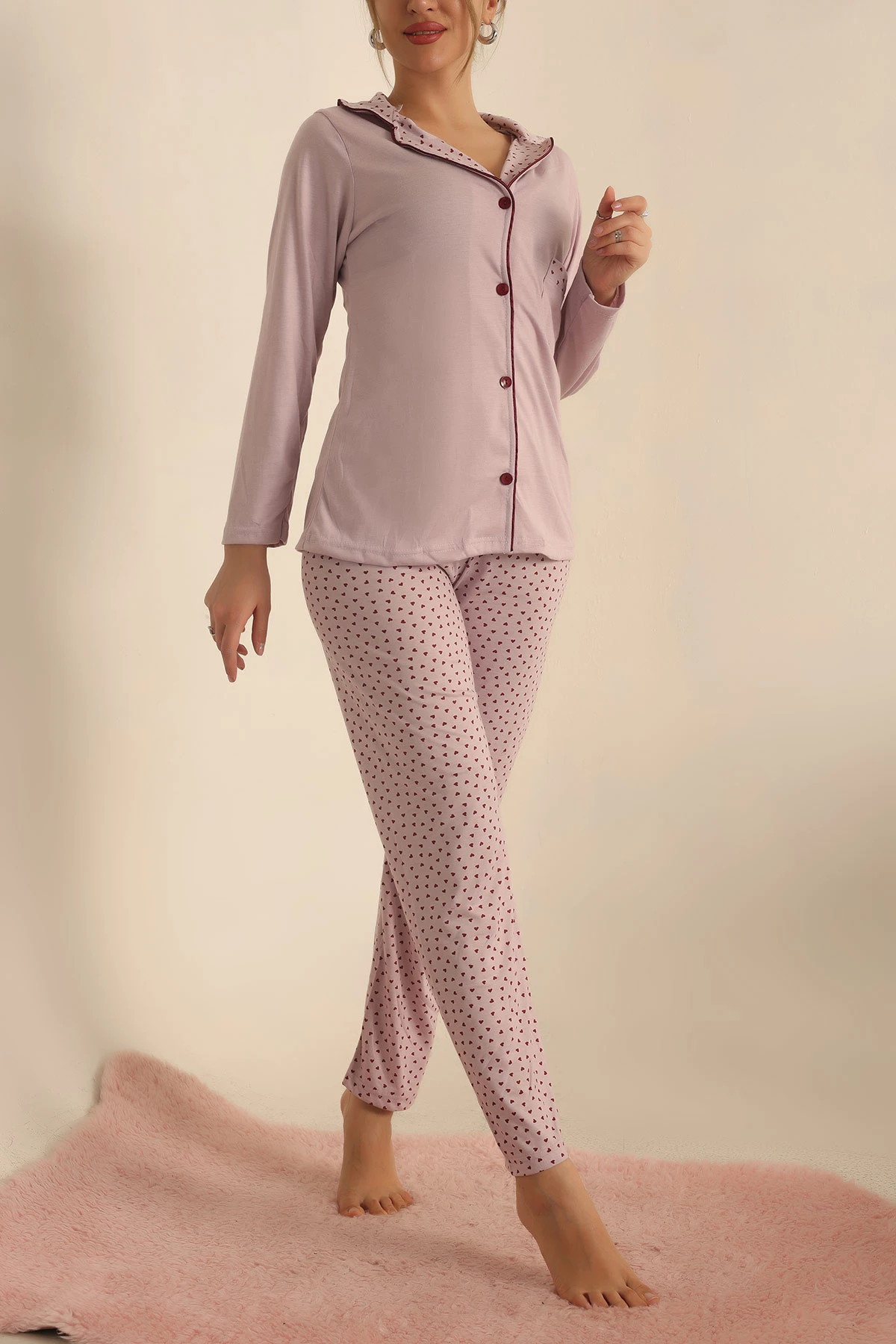 Pudra Düğmeli Bayan Pijama Takımı 233331