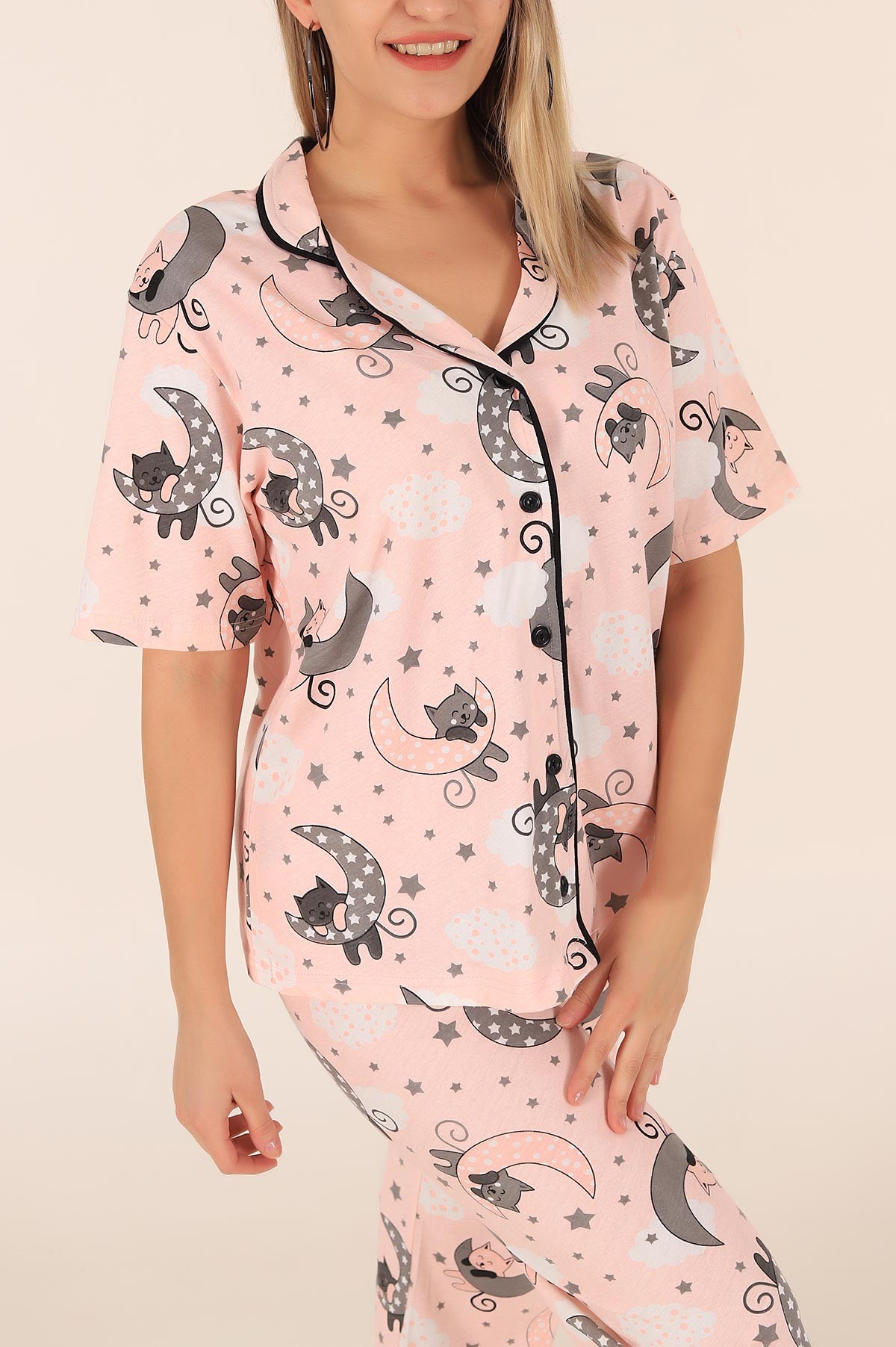 Pudra Düğmeli Desenli Bayan Pijama Takımı 172689