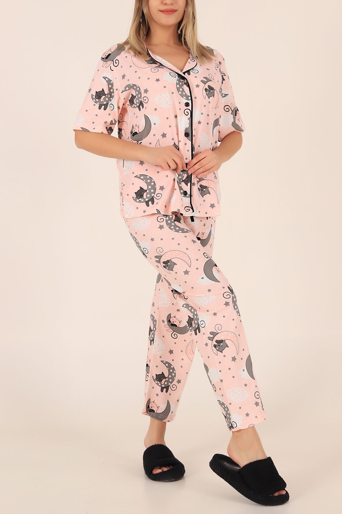 Pudra Düğmeli Desenli Bayan Pijama Takımı 172689