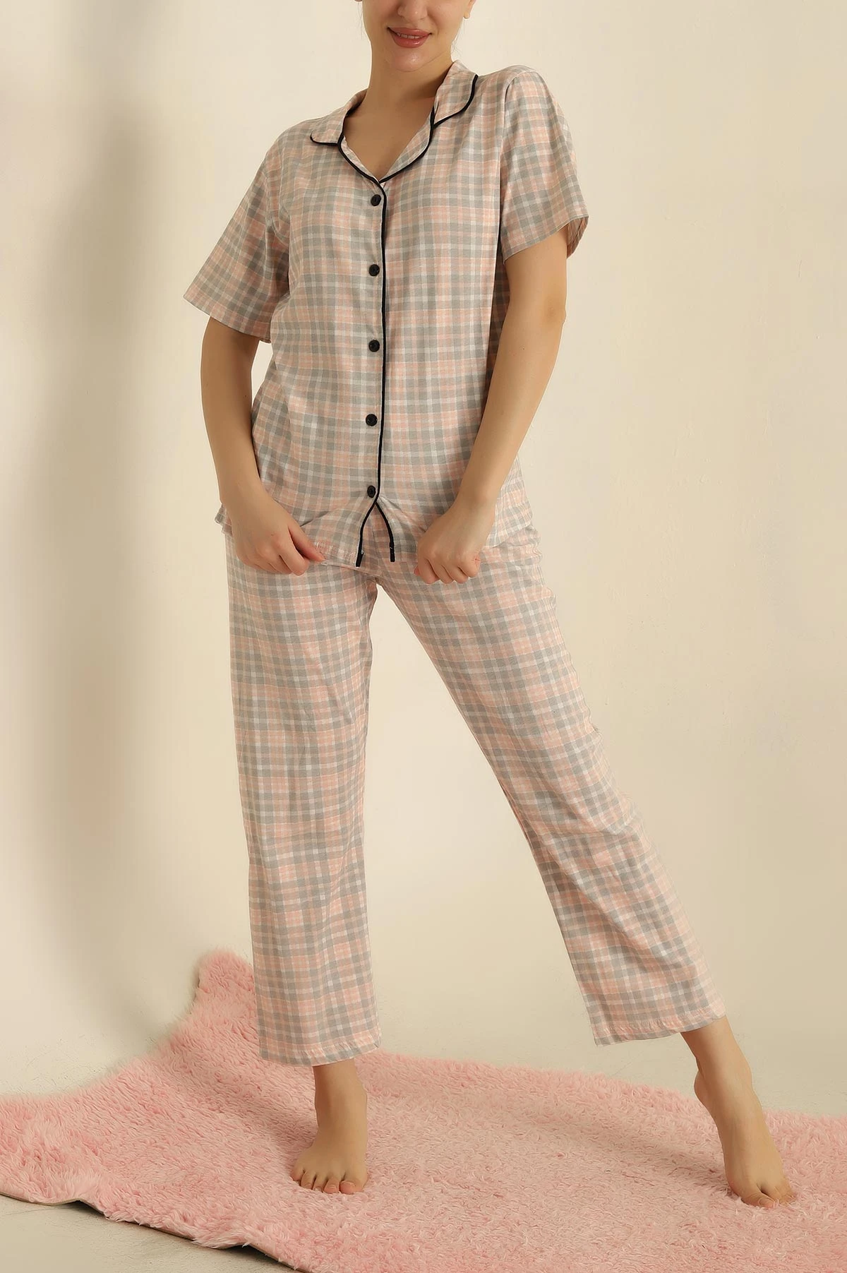 Pudra Düğmeli Desenli Bayan Pijama Takımı 258524