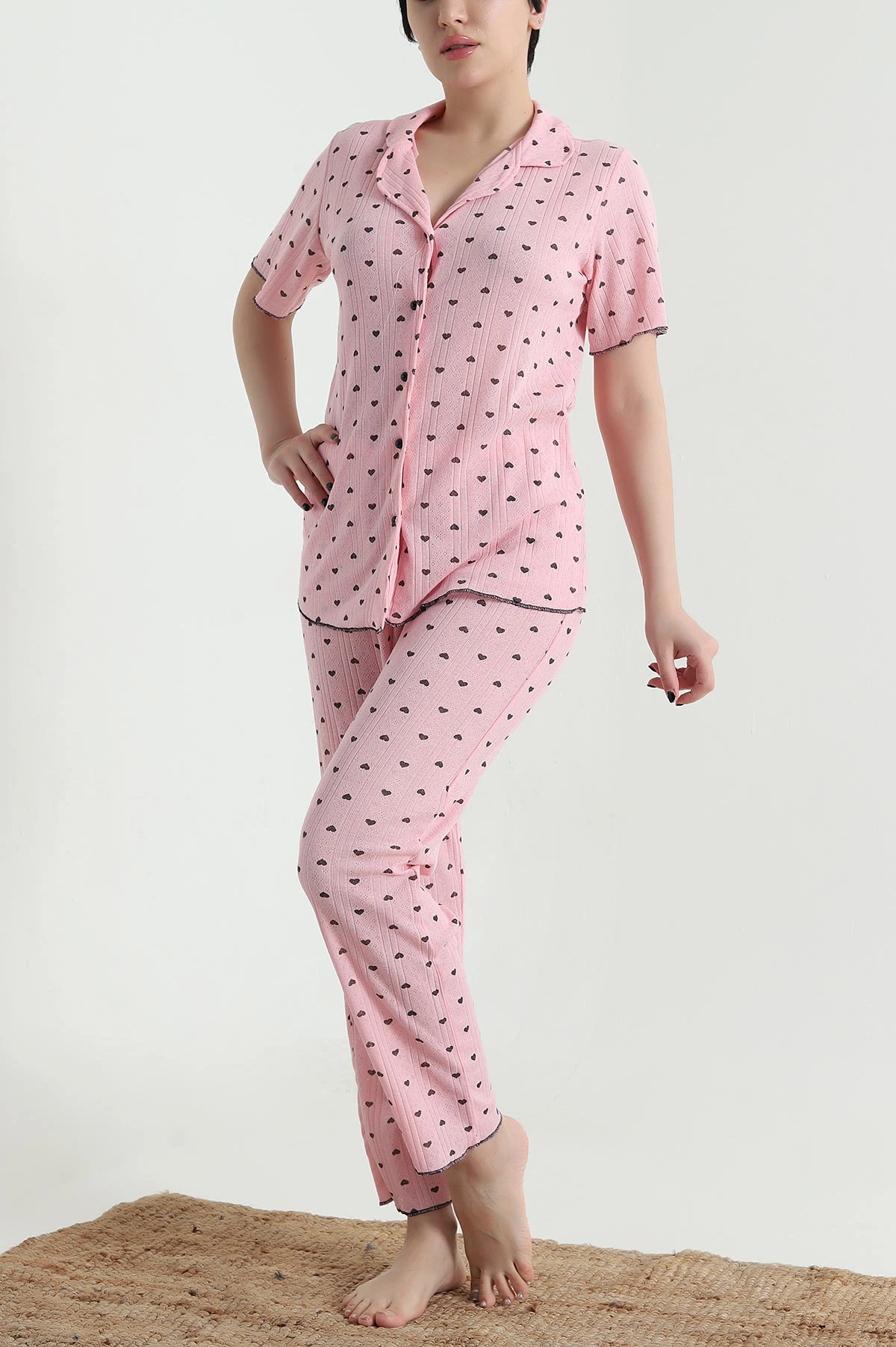 Pudra Düğmeli Kısa Kollu Kadın Pijama Takımı 454582