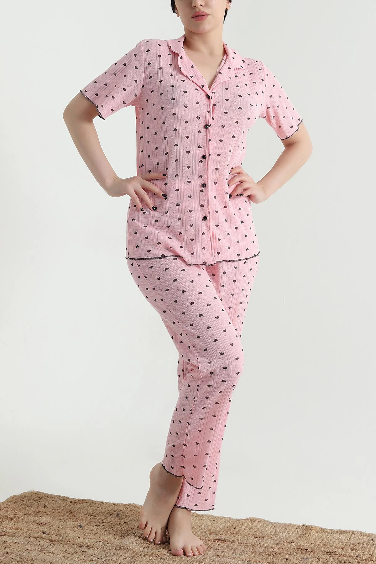Pudra Düğmeli Kısa Kollu Kadın Pijama Takımı 454582