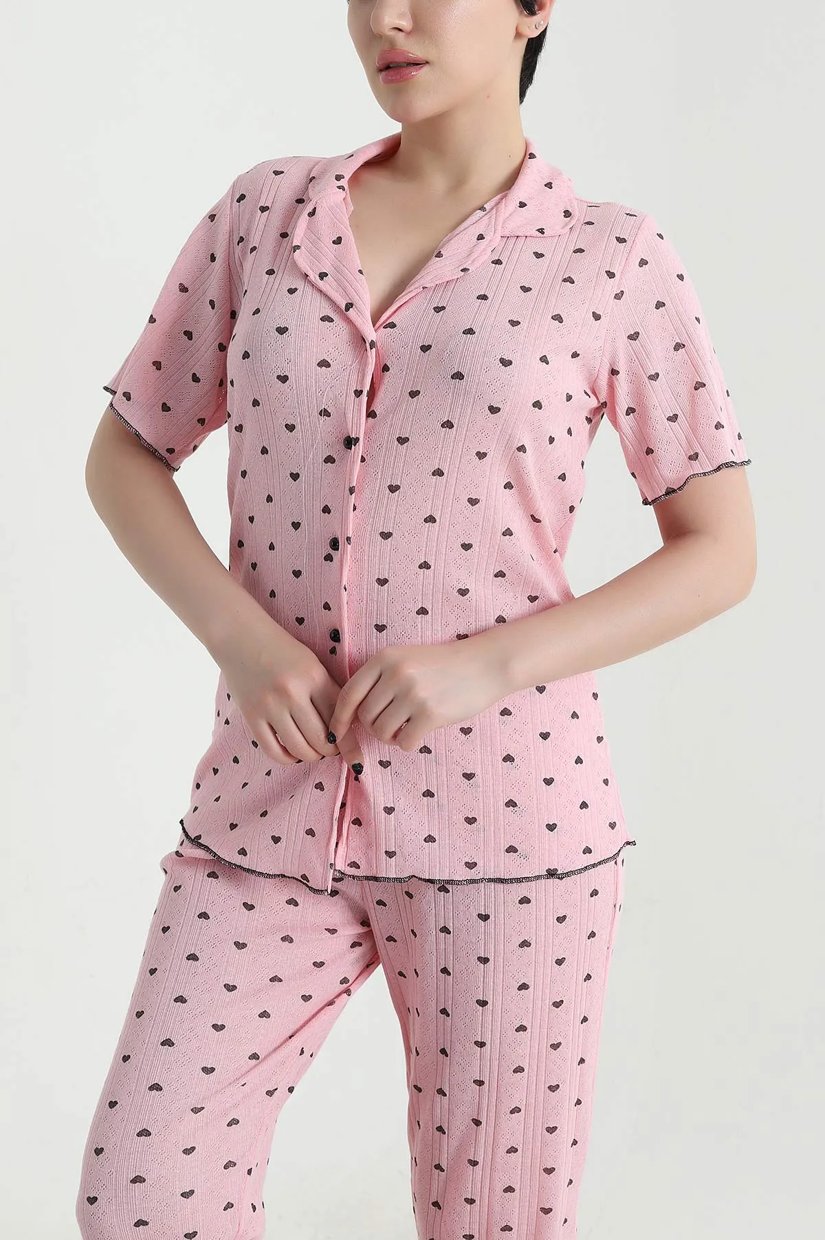 Pudra Düğmeli Kısa Kollu Kadın Pijama Takımı 454582